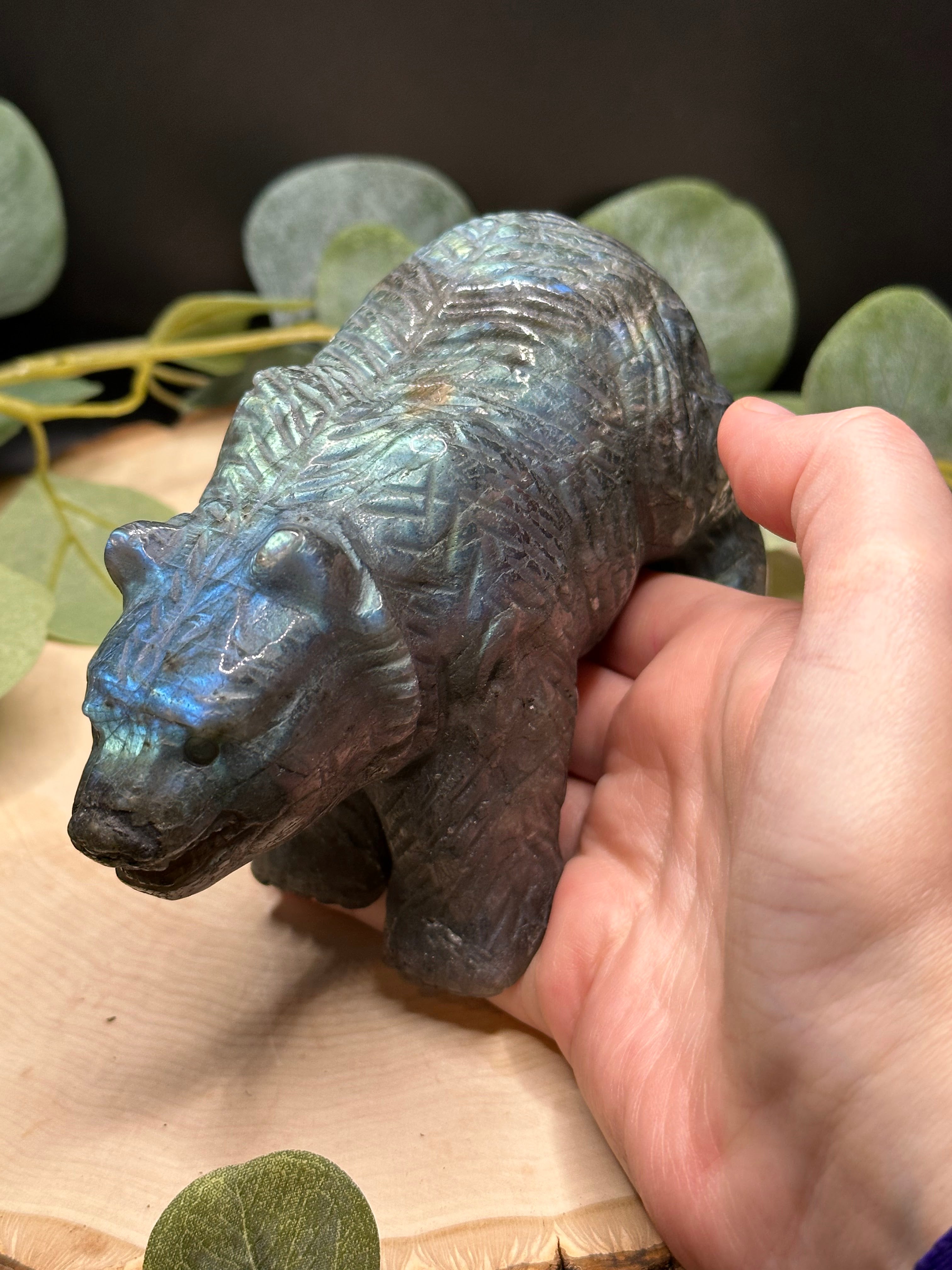 Hand Detailed Labradorite Grizzly Bear Carving