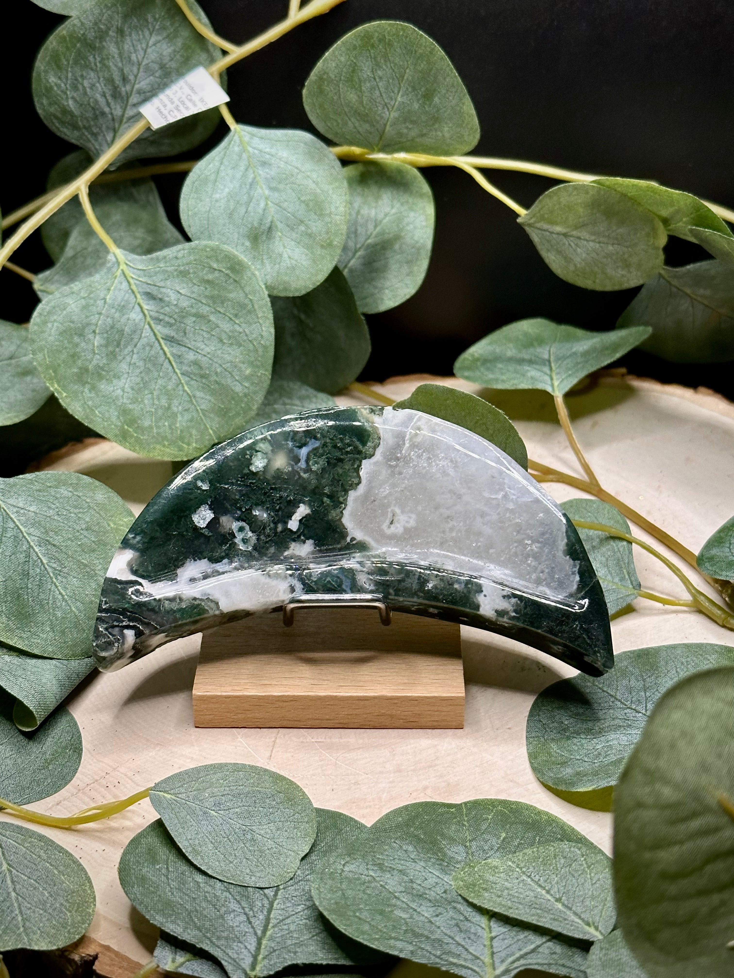 Moss Agate Crescent Moon Bowl | Crystal Jewelry Dish | Natural Stone Home Decor