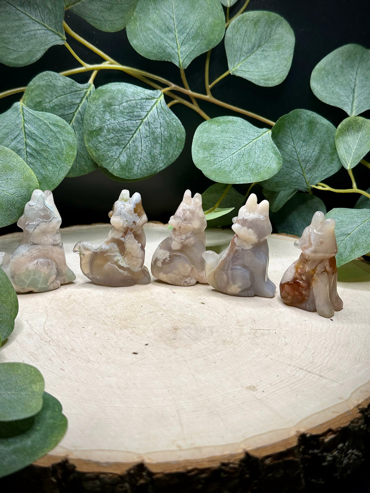 Flower Agate Howling Wolf Carvings | Hand Carved Crystal Wolf Figurines - Still Water Crystals