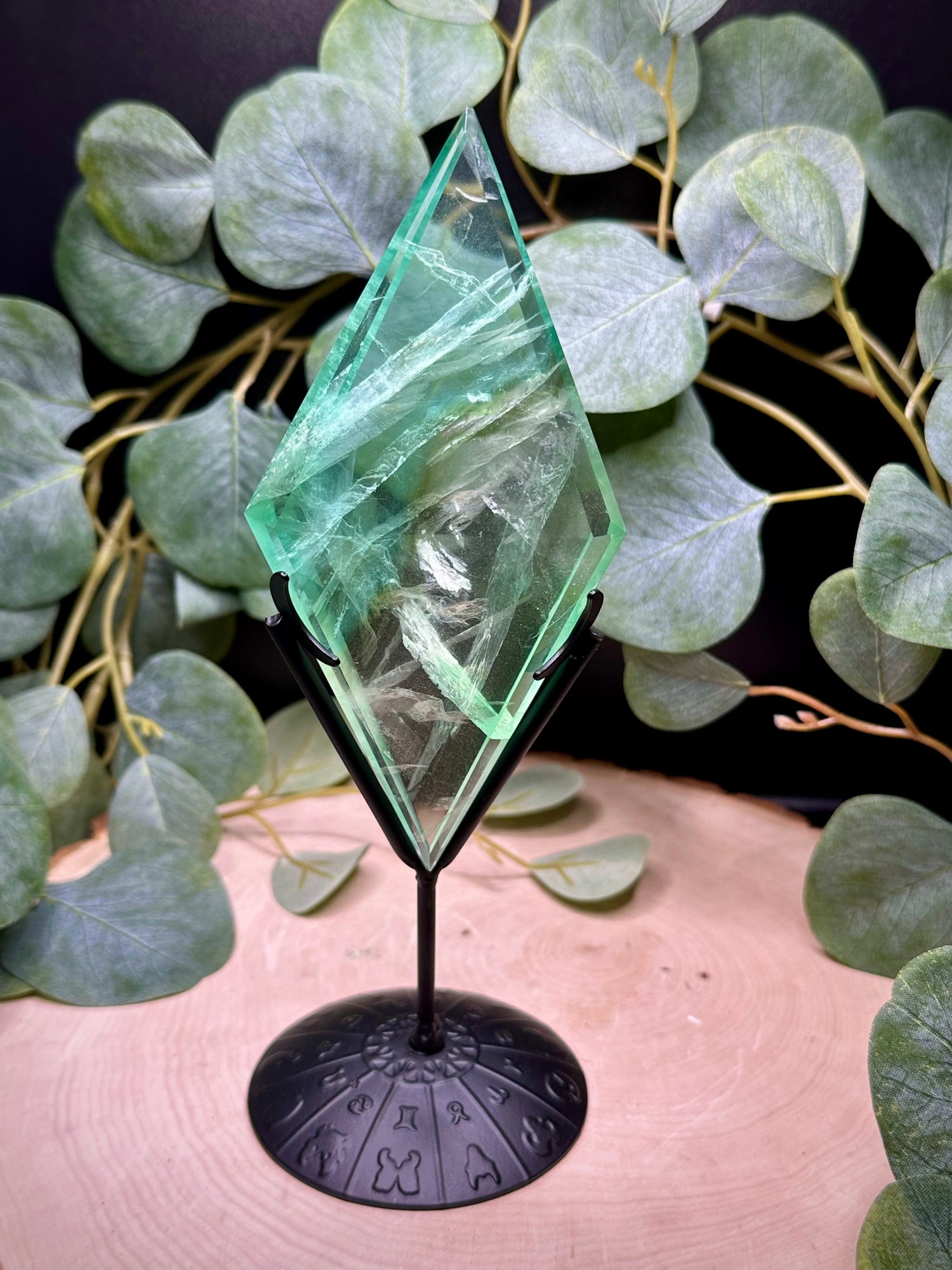 Baja Blast Green Fluorite Diamond Carving on Stand