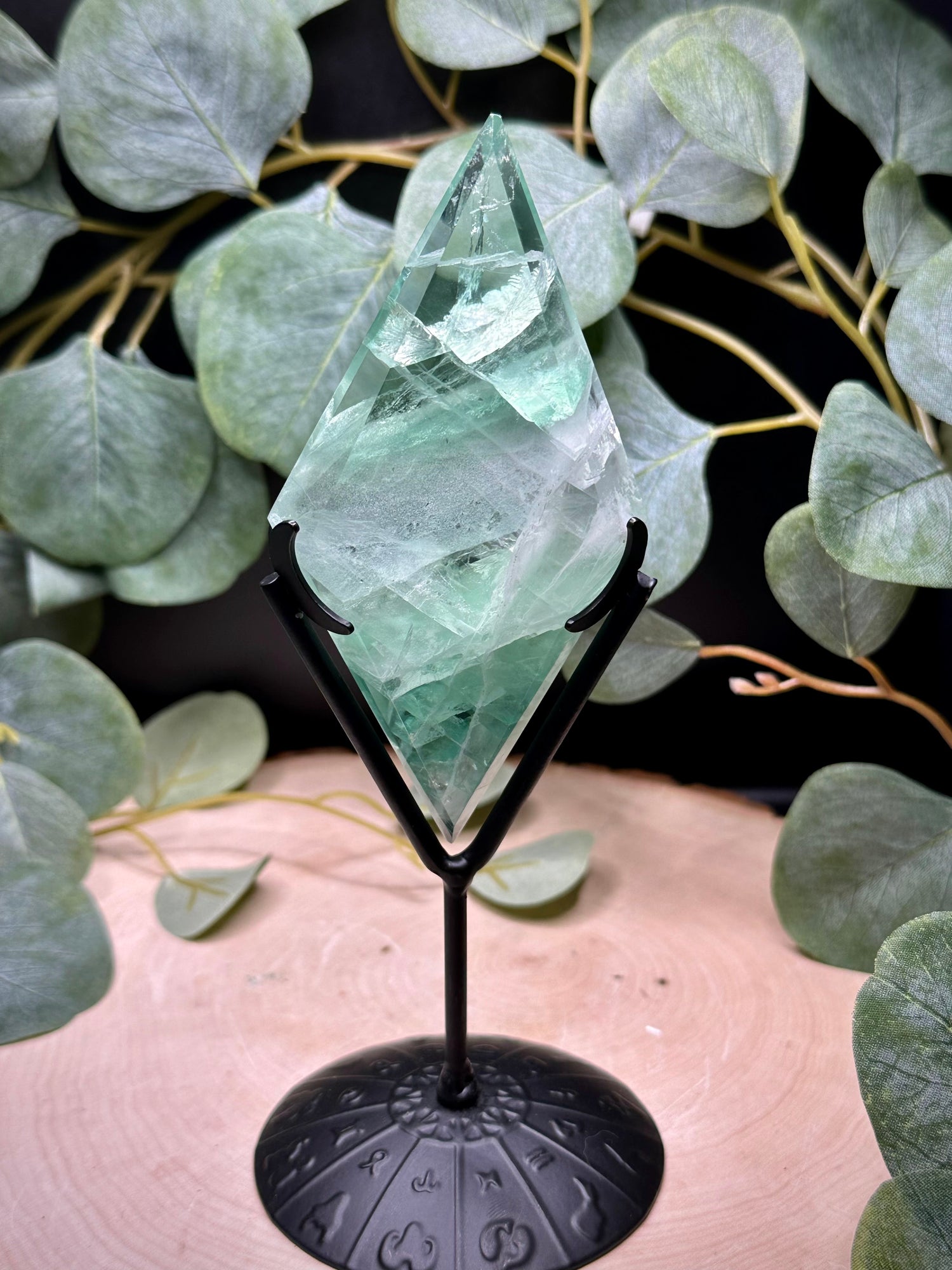 Baja Blast Green Fluorite Diamond Carving on Stand