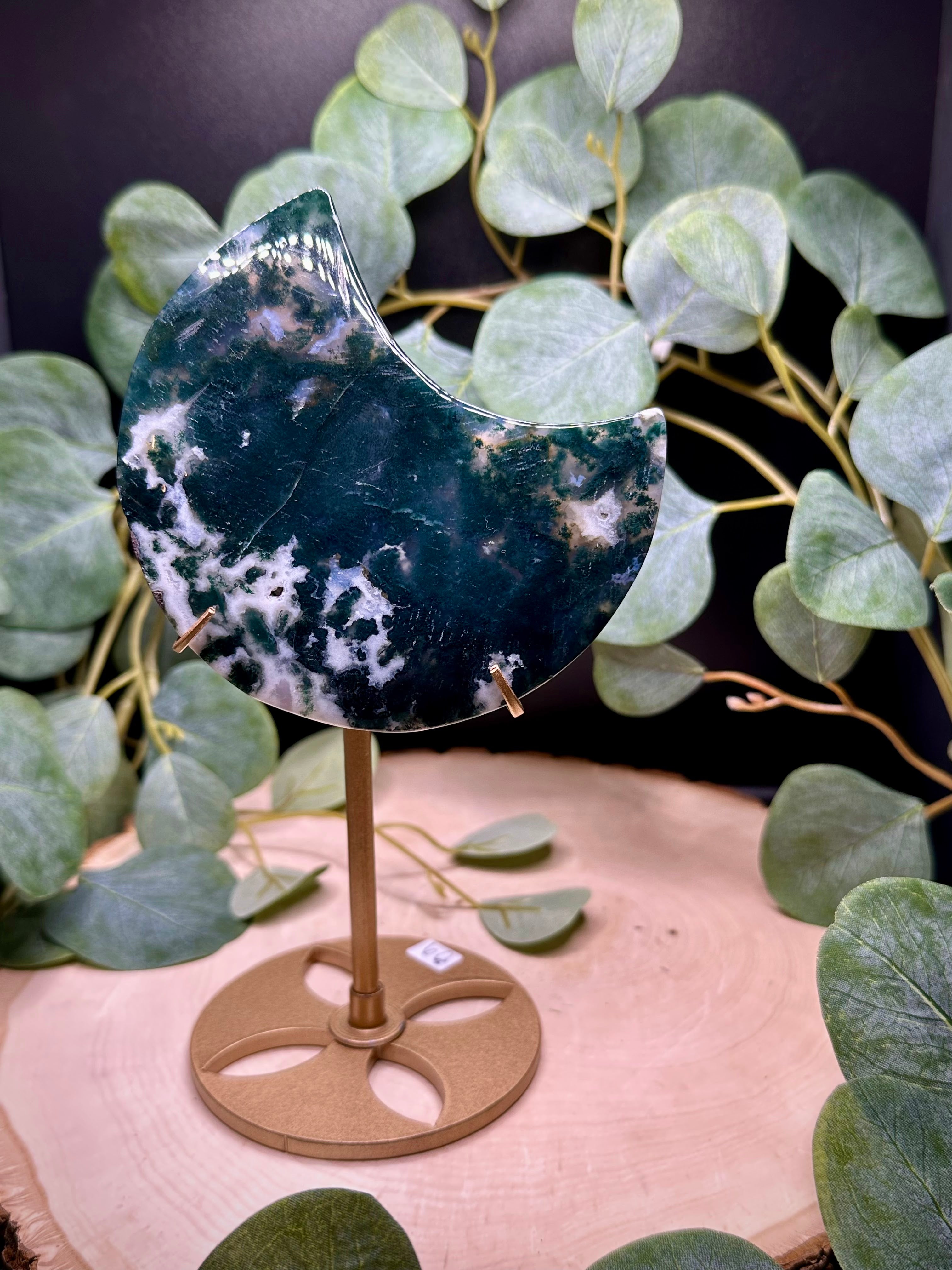 Moss Agate Moon Carving with Stand