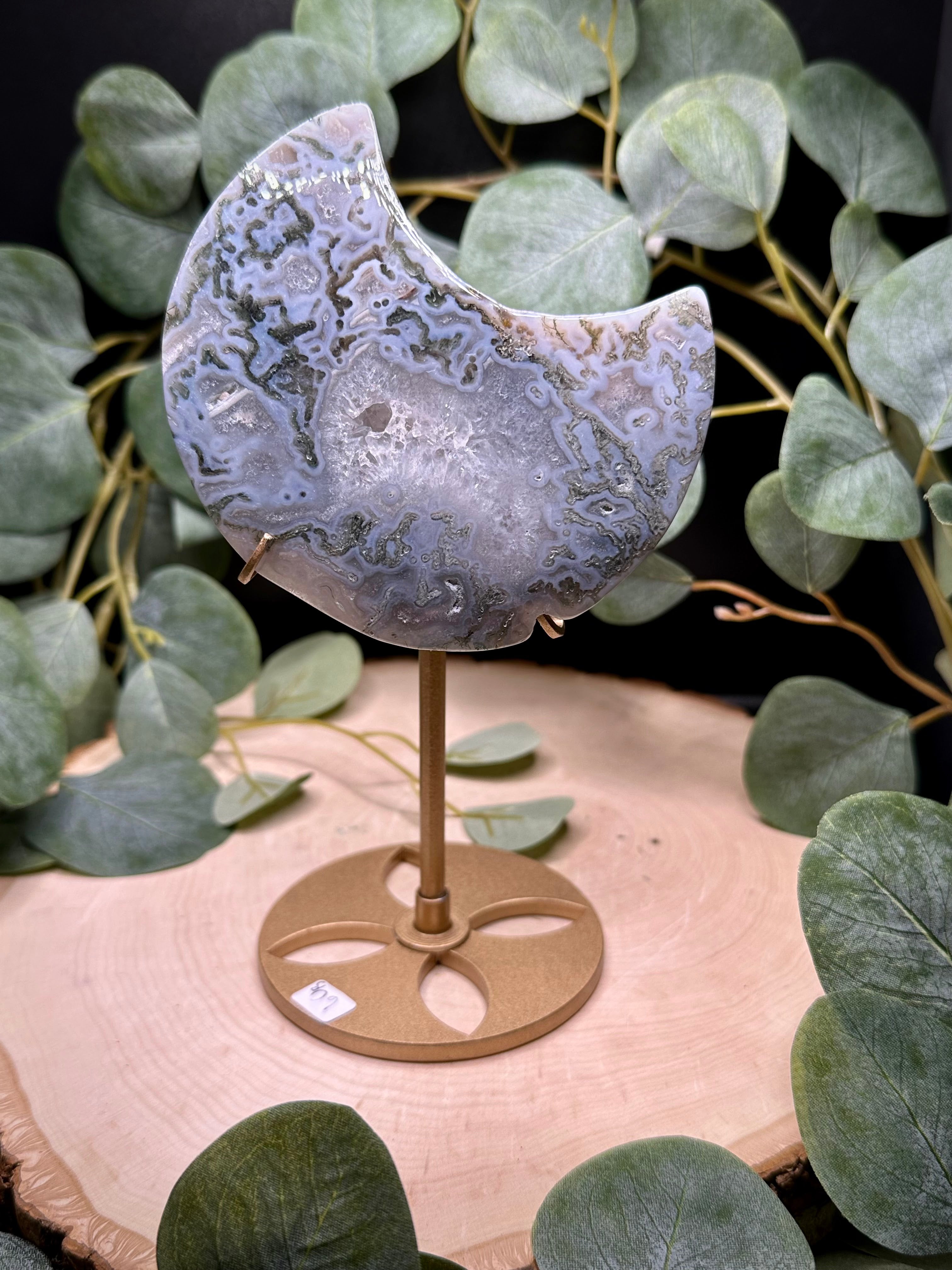 Moss Agate Moon Carving with Stand