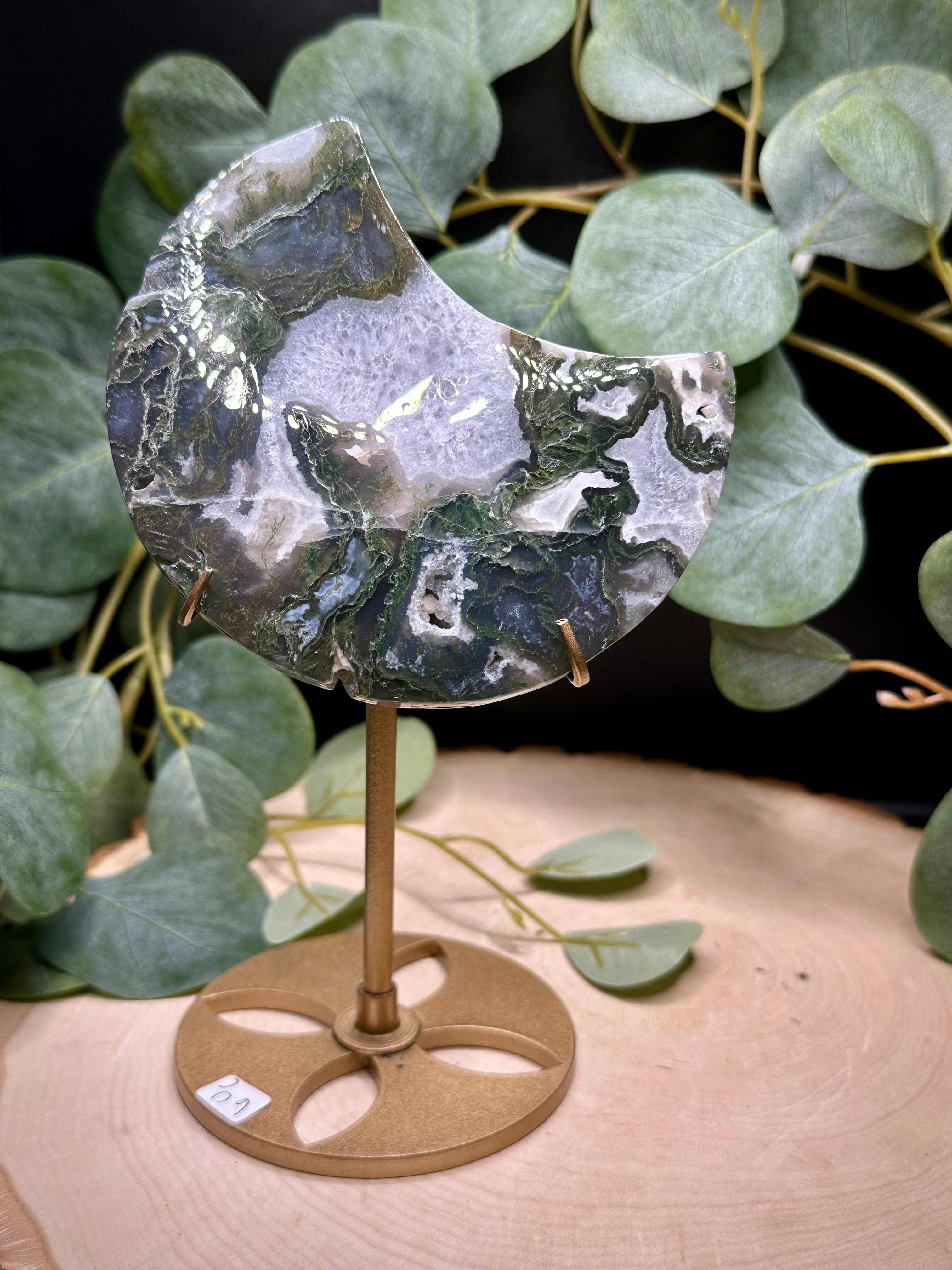 Moss Agate Moon Carving with Stand