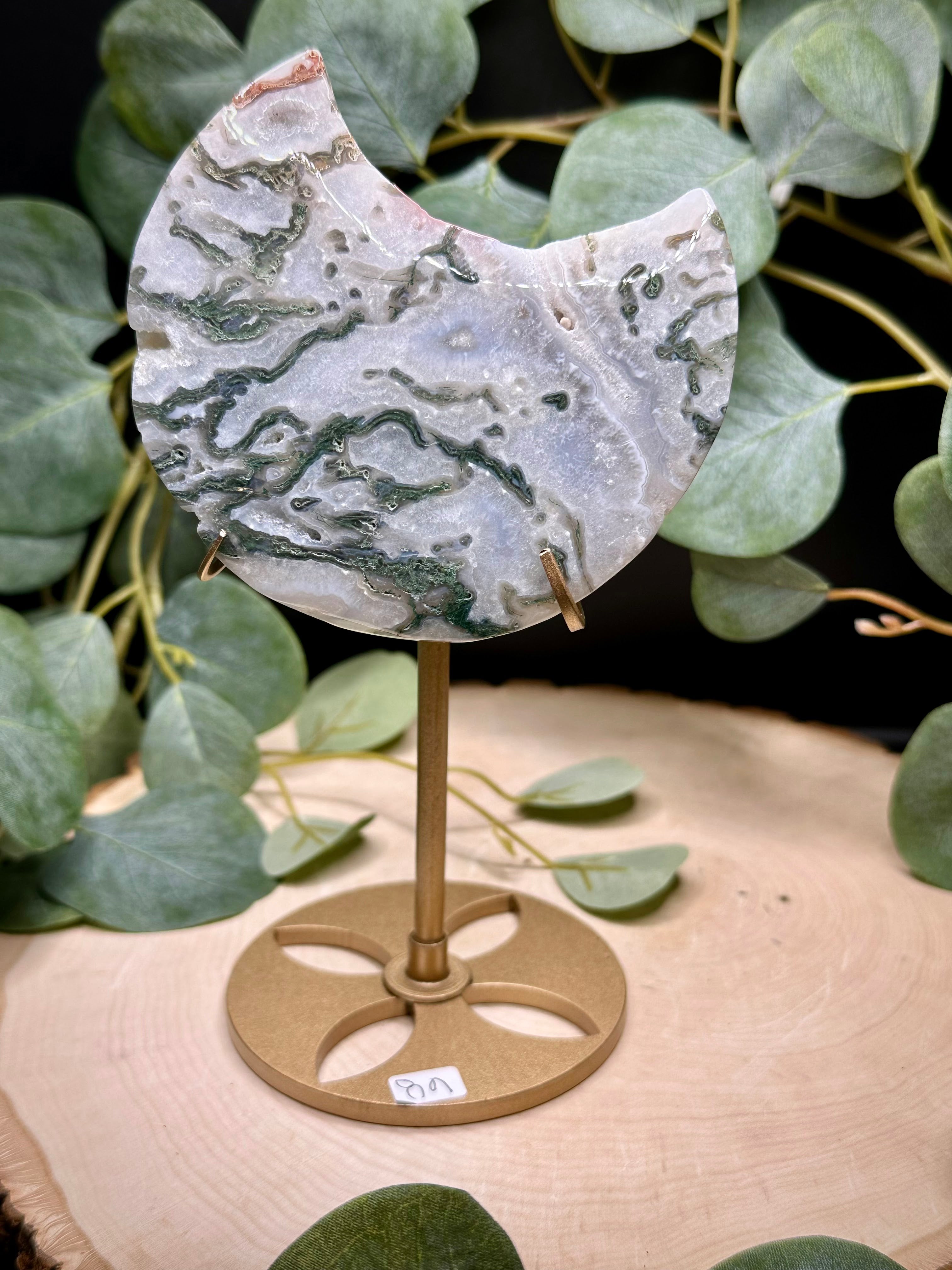 Moss Agate Moon Carving with Stand