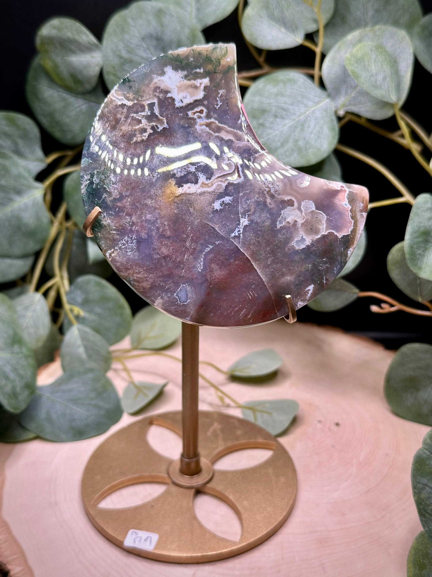 Moss Agate Moon Carving with Stand