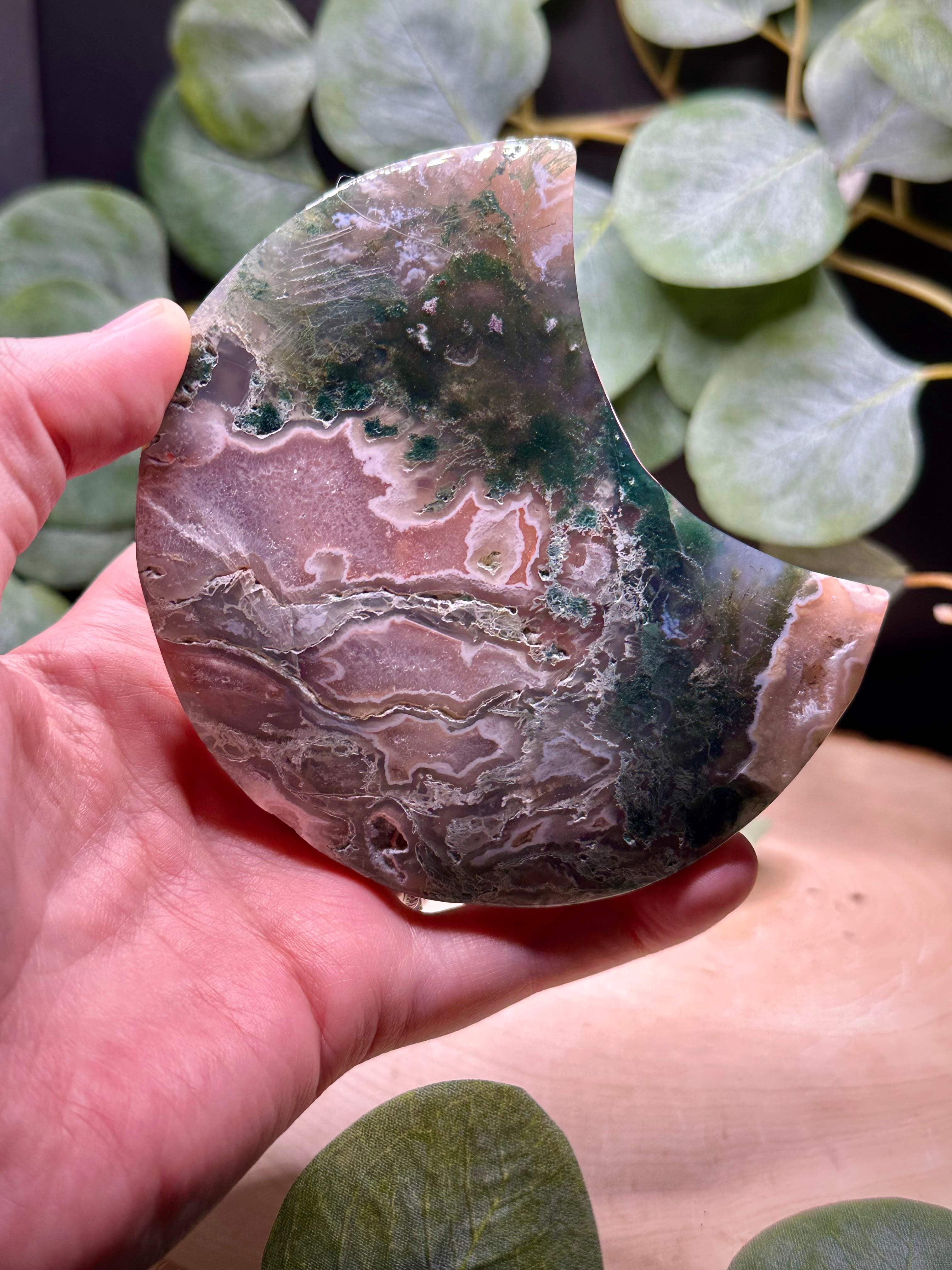 Moss Agate Moon Carving with Stand