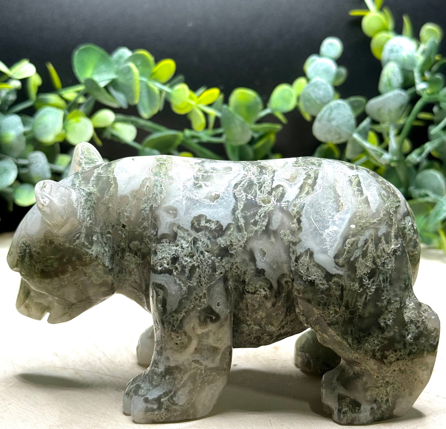 Moss Agate Standing Bear Carving