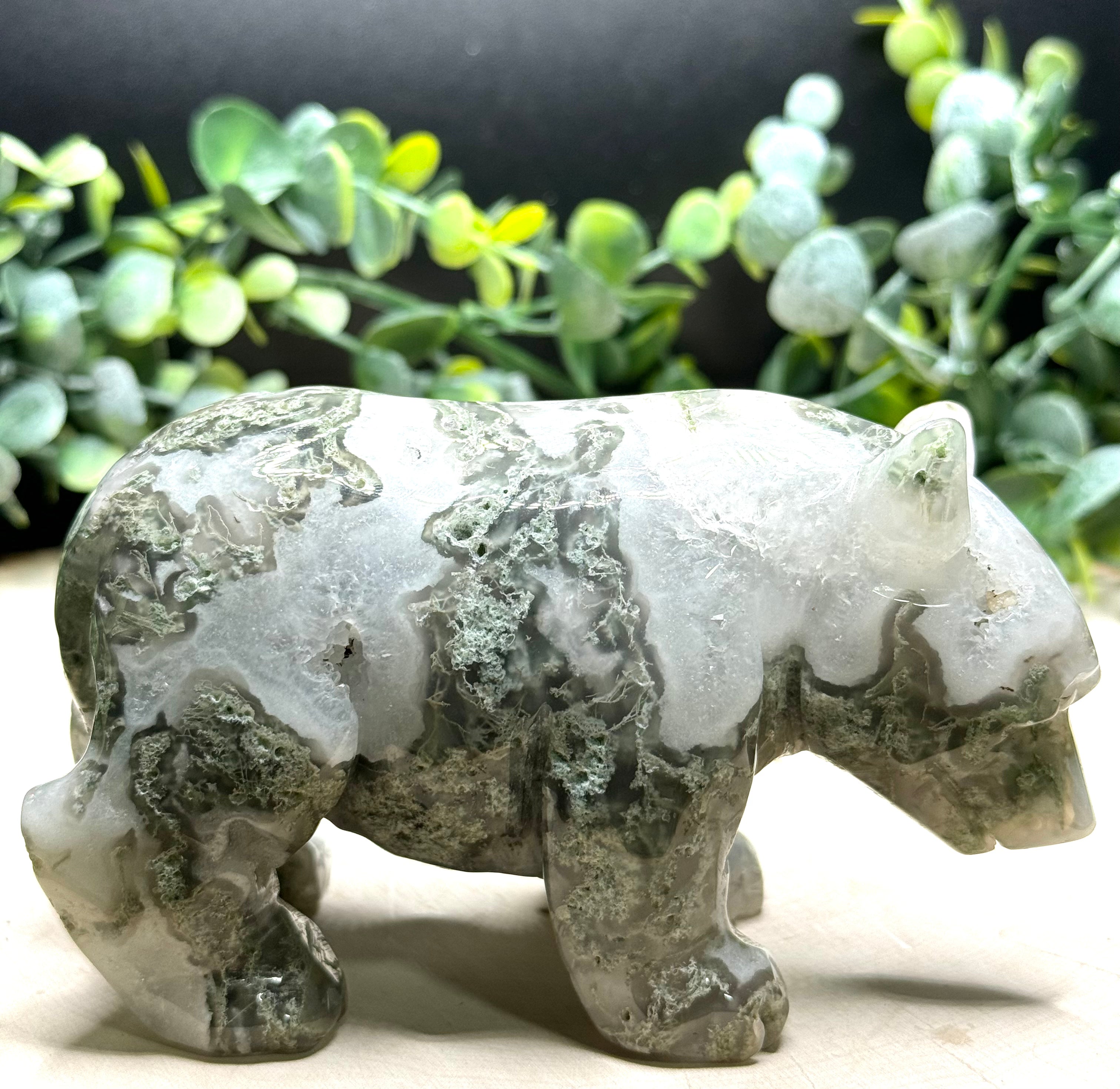 Moss Agate Standing Bear Carving