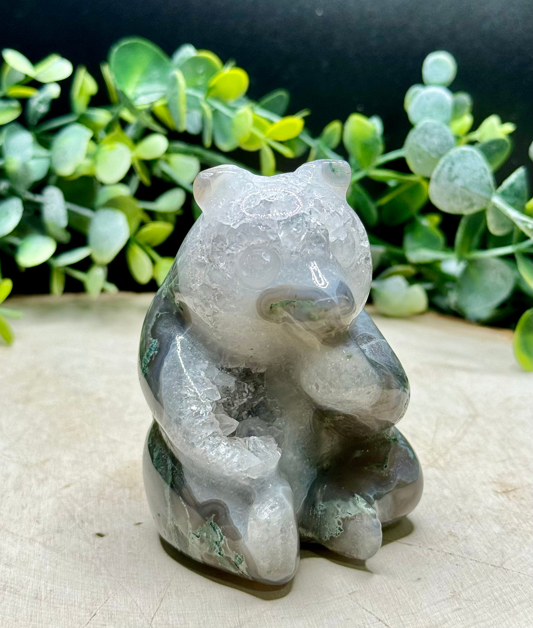 Moss Agate Sitting Panda Bear Carving