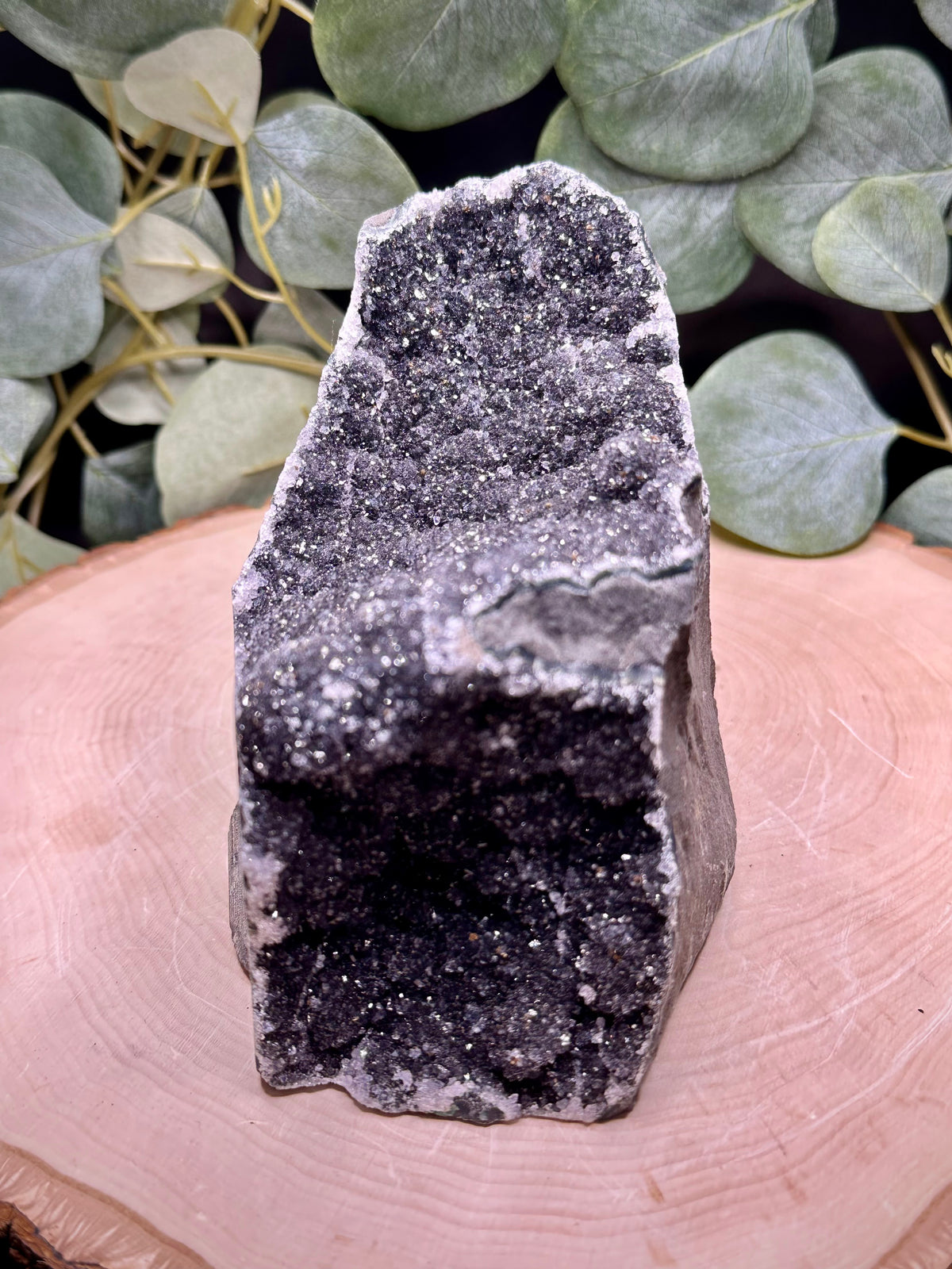 Brazilian Galaxy Black Amethyst Cut Base with Calcite