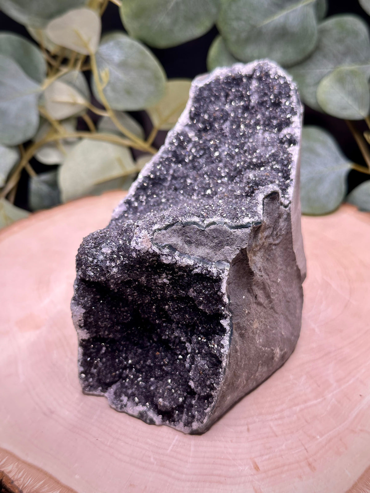 Brazilian Galaxy Black Amethyst Cut Base with Calcite