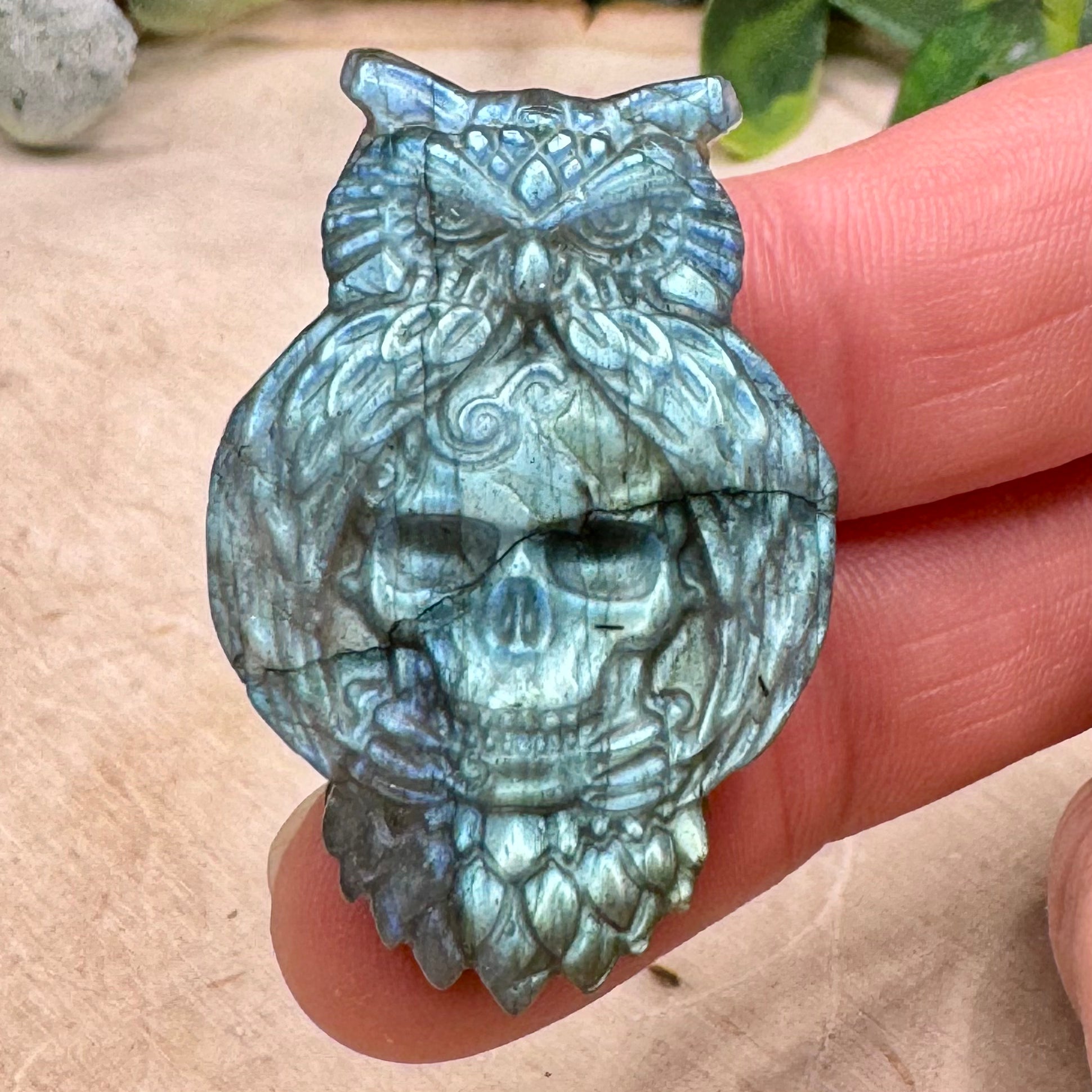 Labradorite Owl with Skull Carving