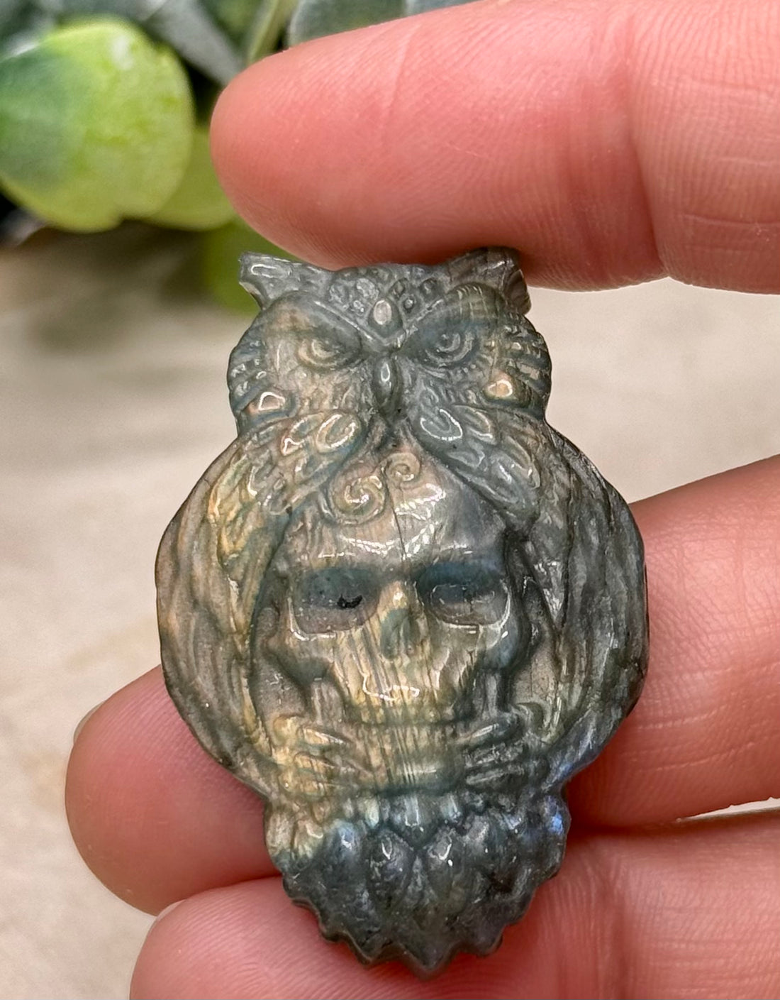 Labradorite Owl with Skull Carving