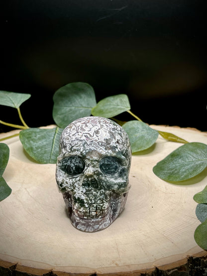 Large Moss Agate Skull Carving