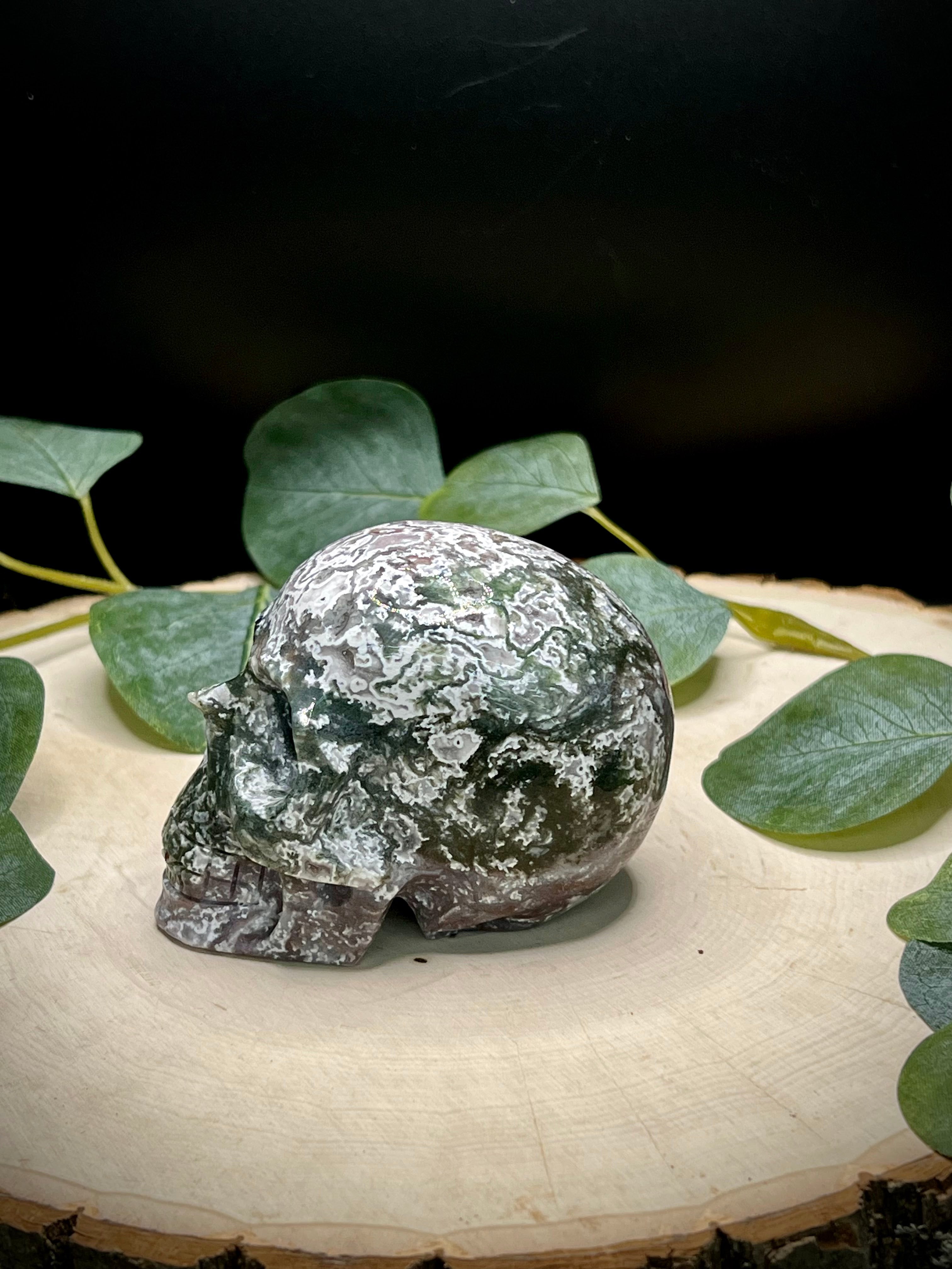 Large Moss Agate Skull Carving