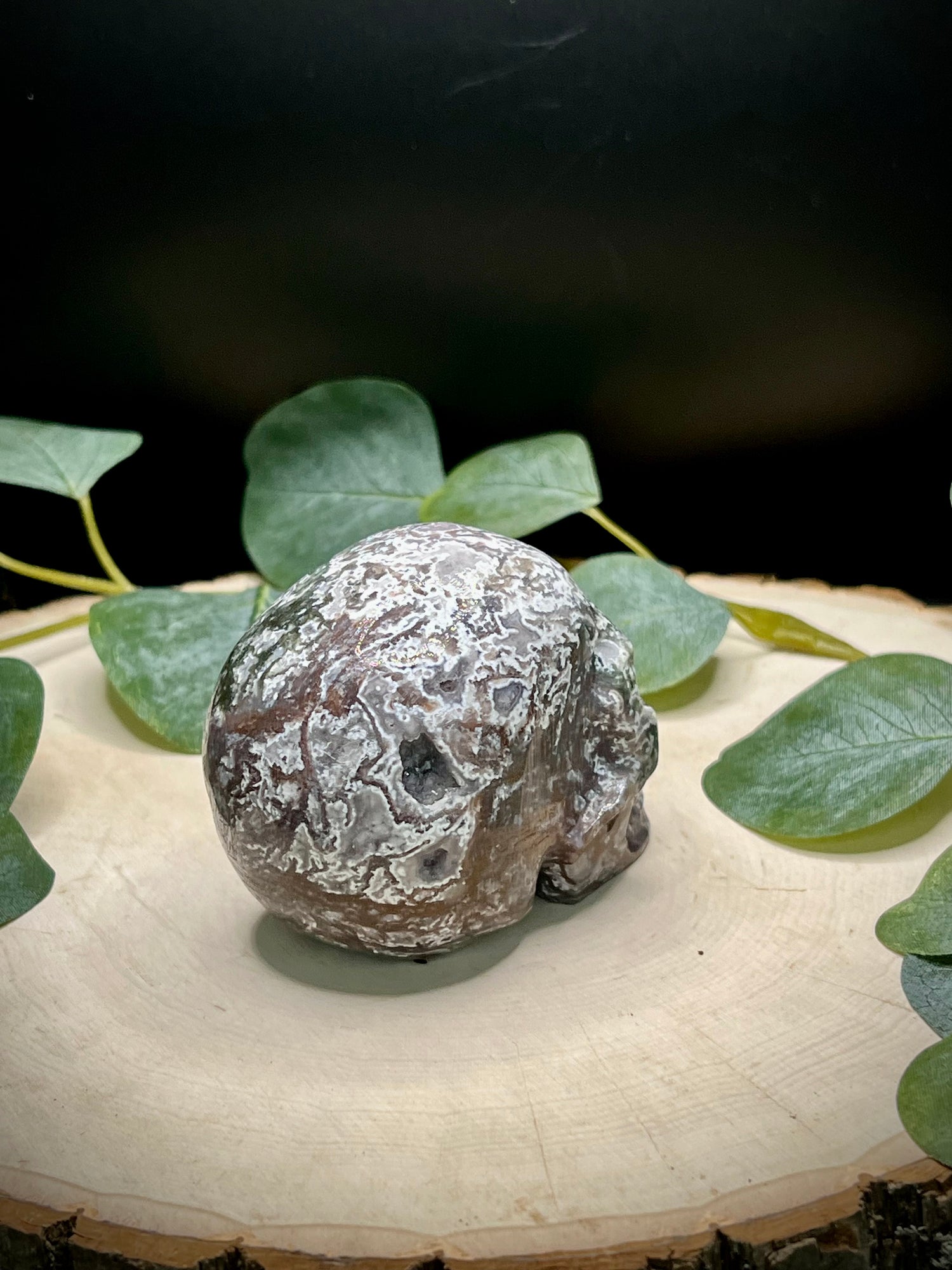 Large Moss Agate Skull Carving