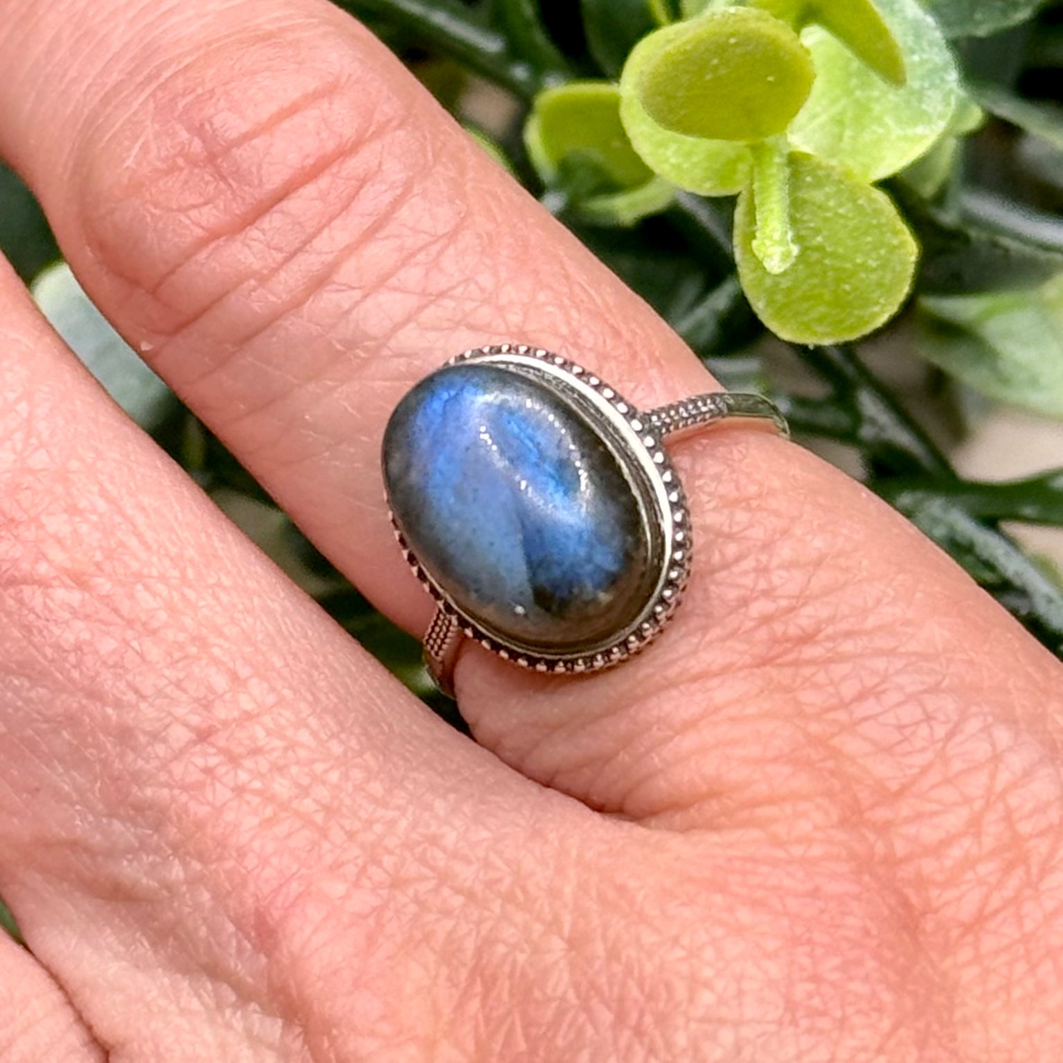 Oval labradorite adjustable ring in 925 sterling silver
