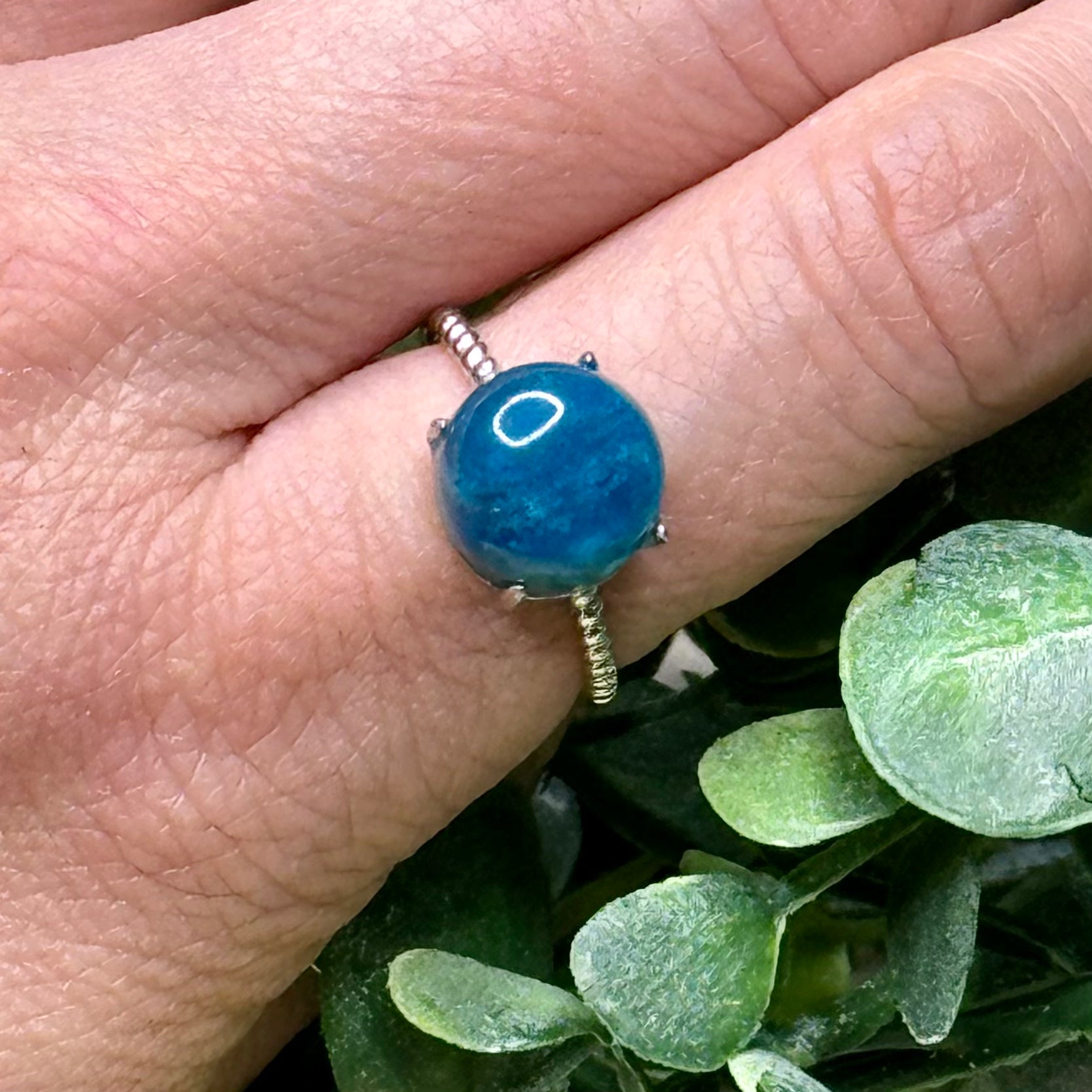 Blue apatite adjustable ring in 925 sterling silver