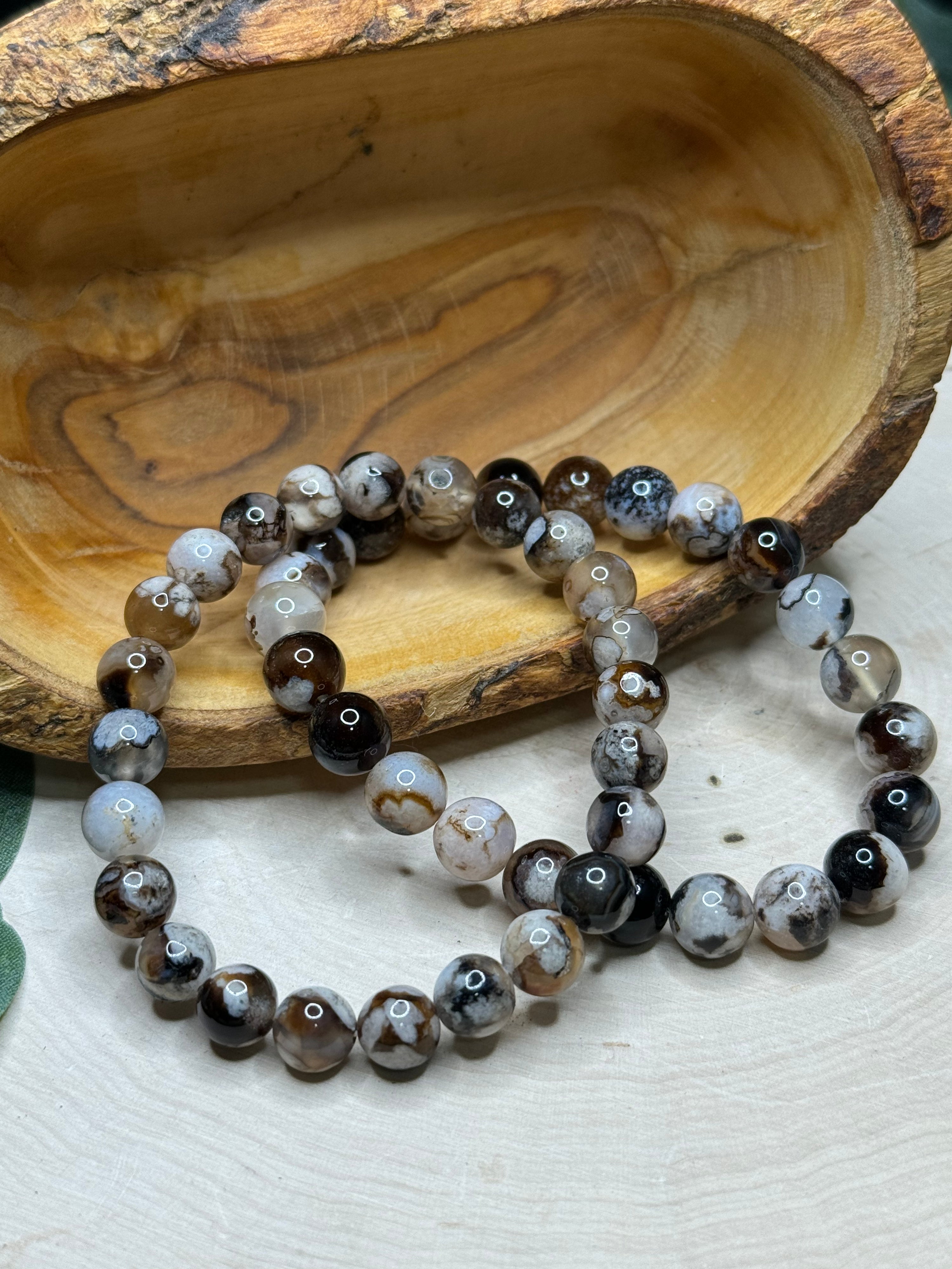Black Flower Agate Bracelets with polished gemstone beads