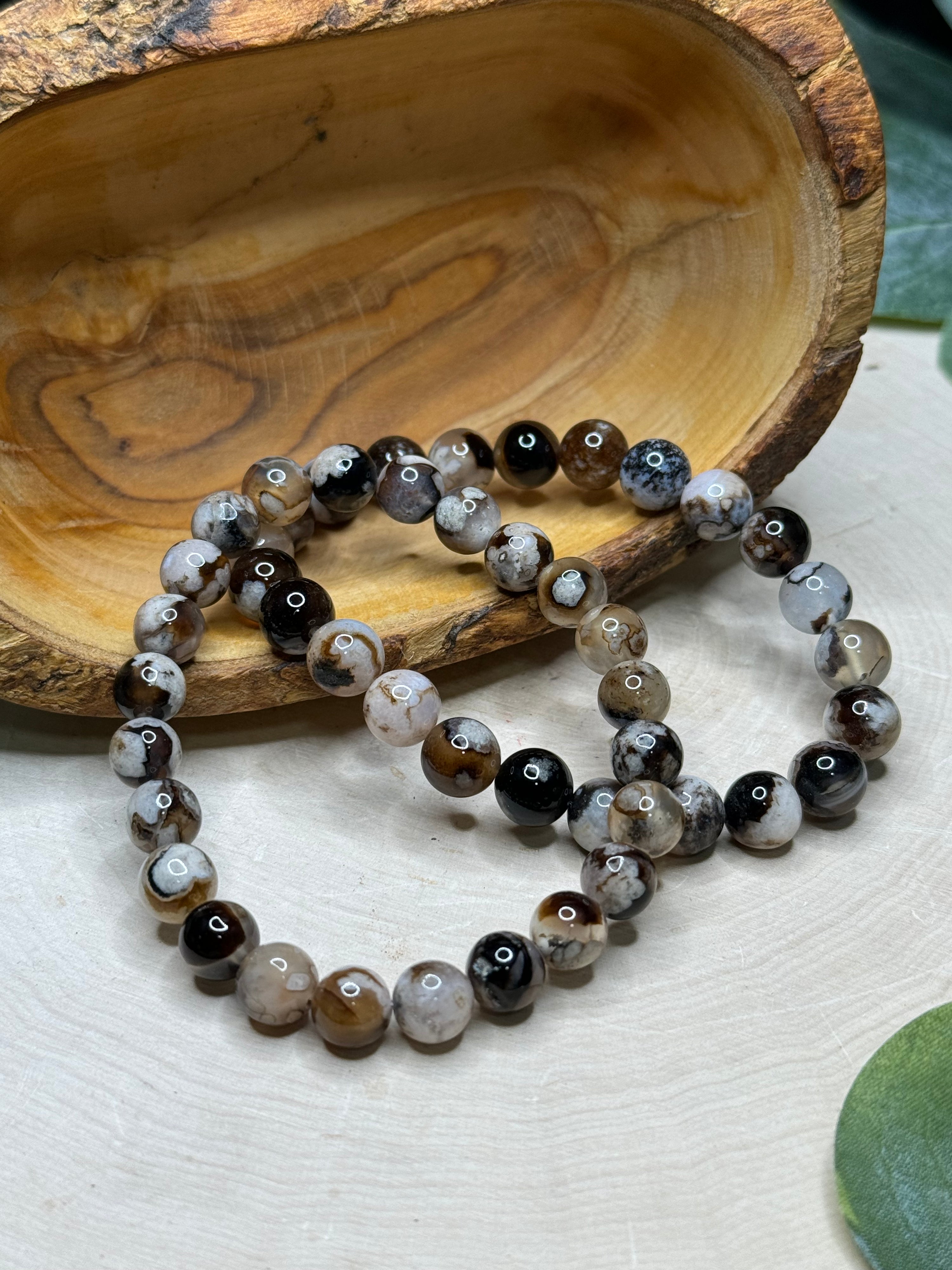 Black Flower Agate Bracelets with polished gemstone beads, alternate view 2