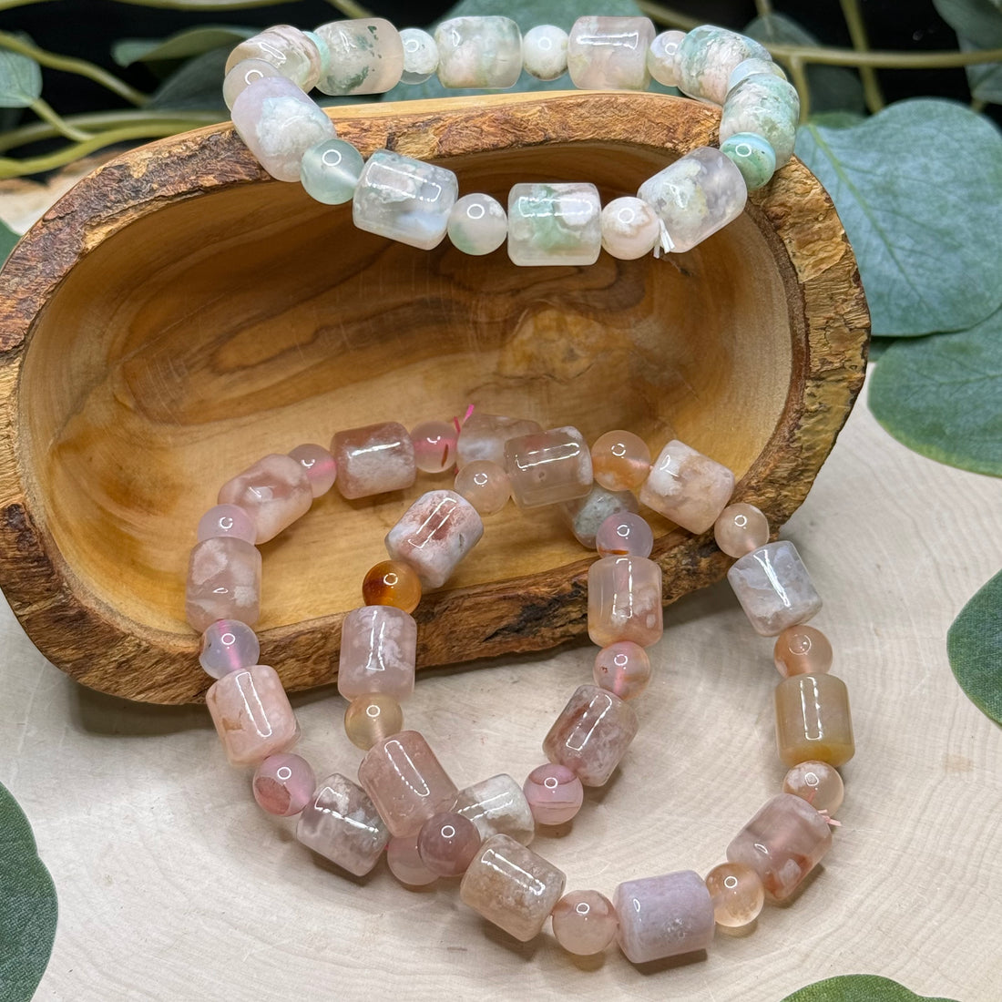 Flower Agate Cylinder Bead Bracelets
