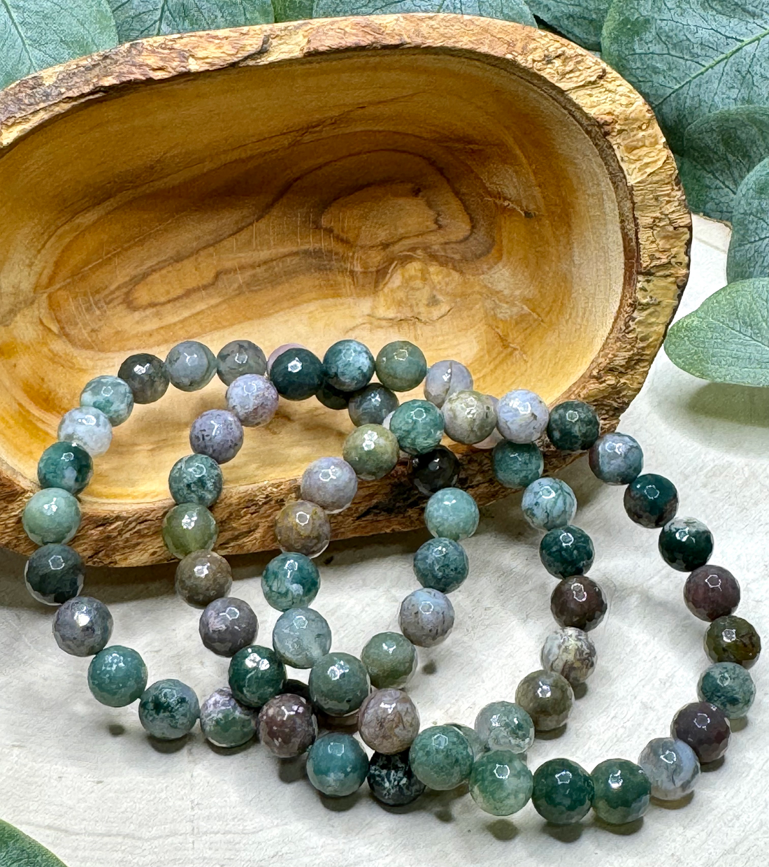 Faceted Moss Agate 8mm Bracelet