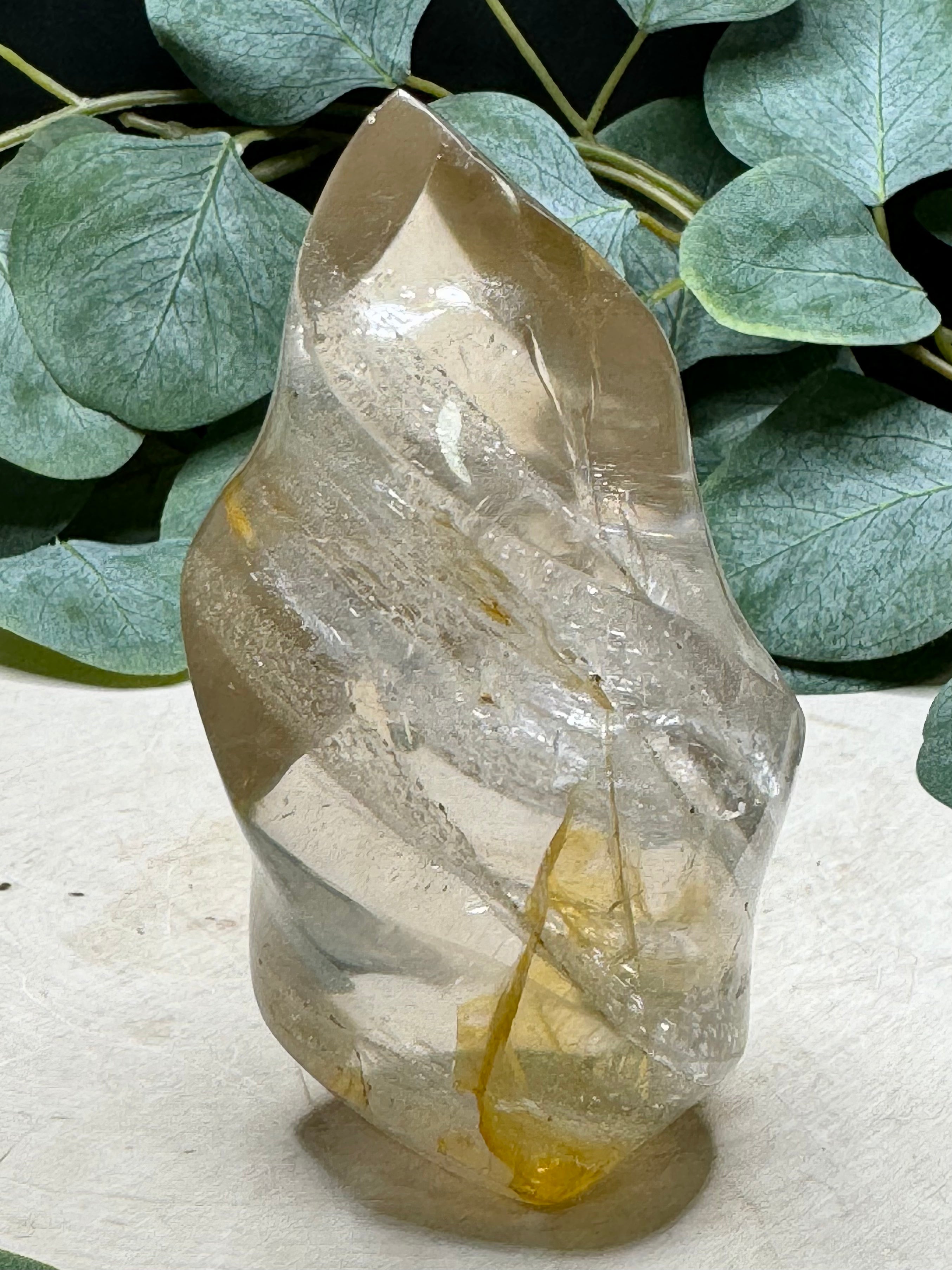 Smoky Quartz  and golden healer Flame Carvings