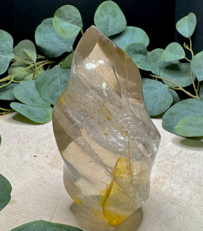 Smoky Quartz  and golden healer Flame Carvings