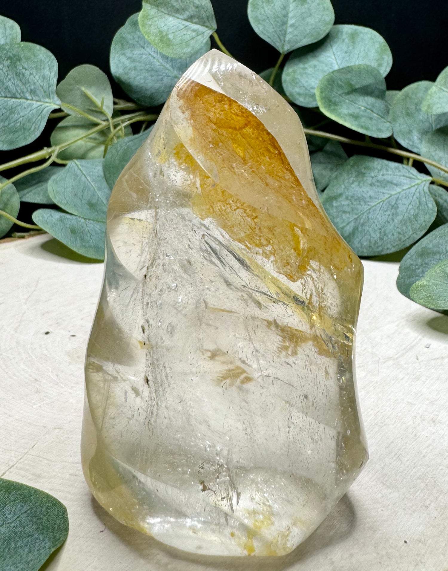 Smoky Quartz  and golden healer Flame Carvings