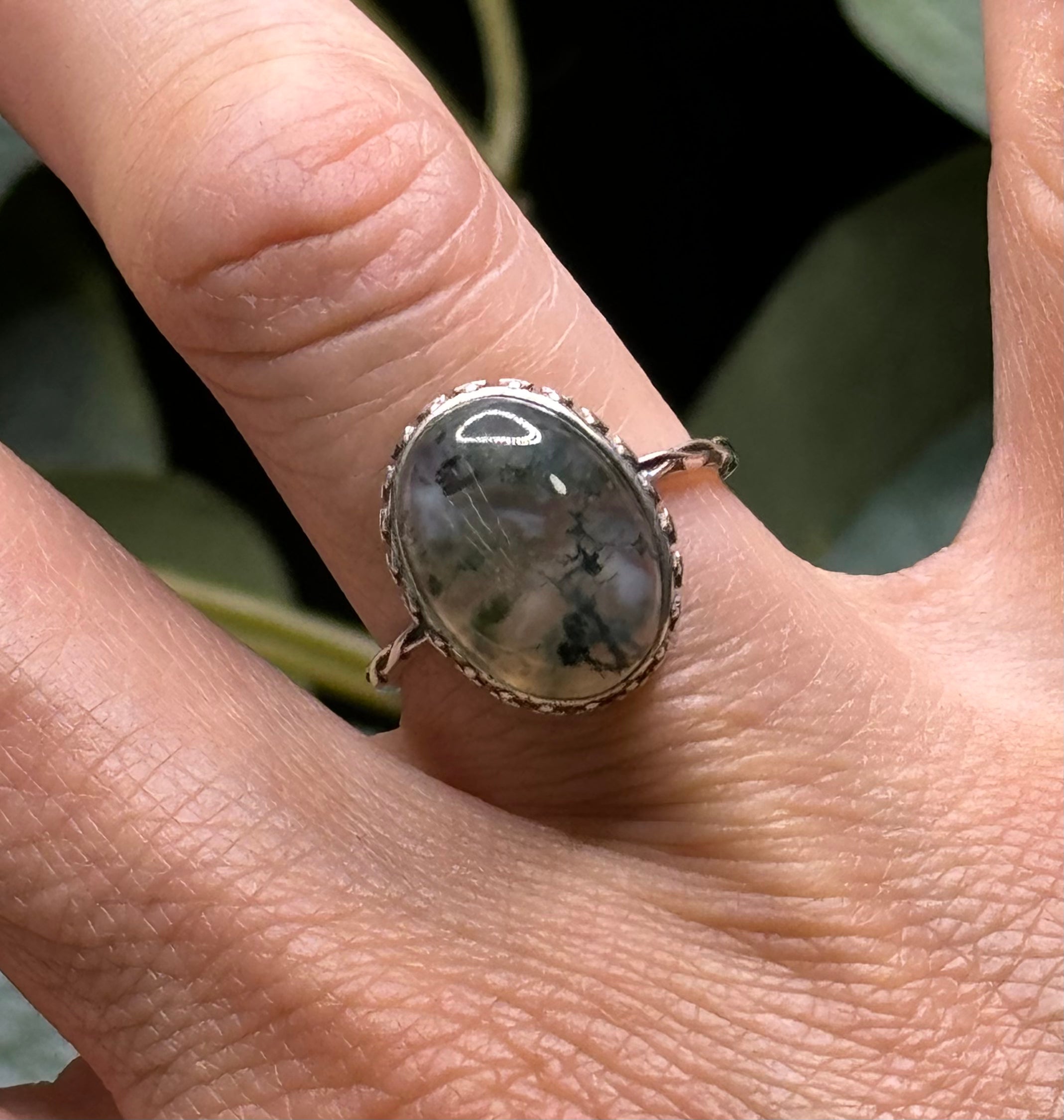 Moss Agate Oval Sterling Silver Ring