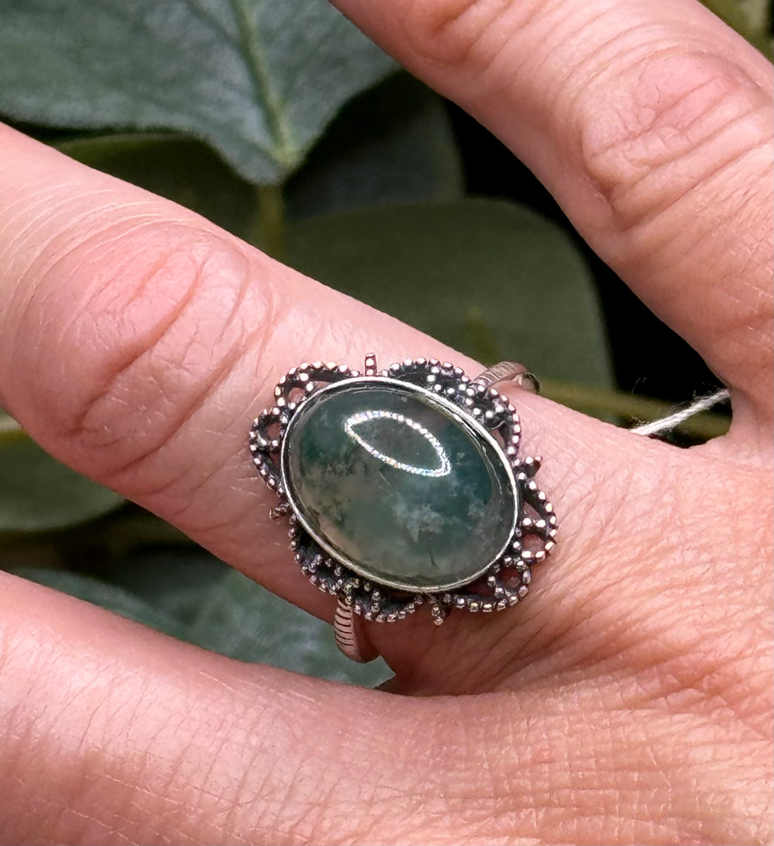 Moss Agate Decorative Sterling Silver Ring