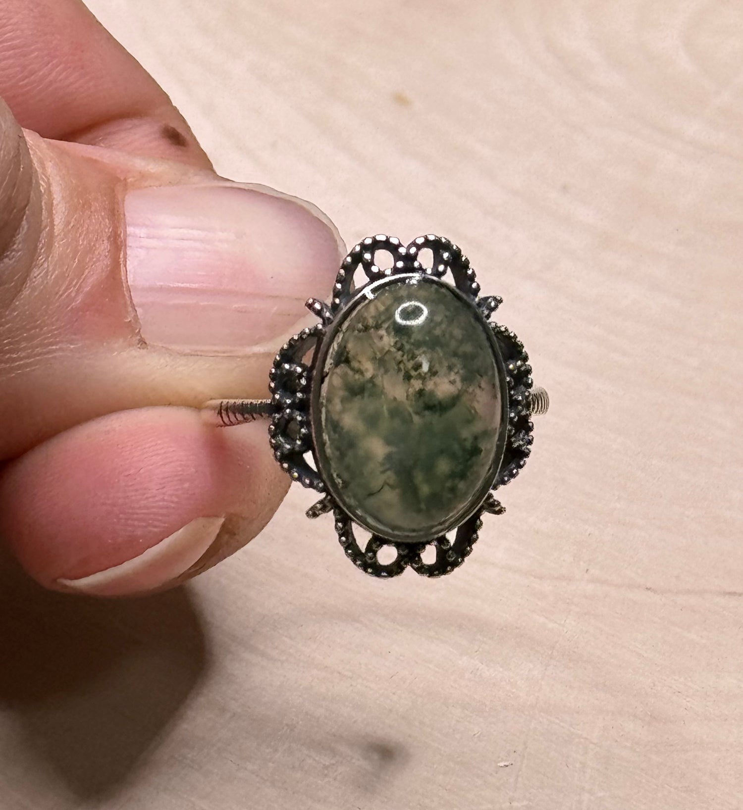 Moss Agate Decorative Sterling Silver Ring