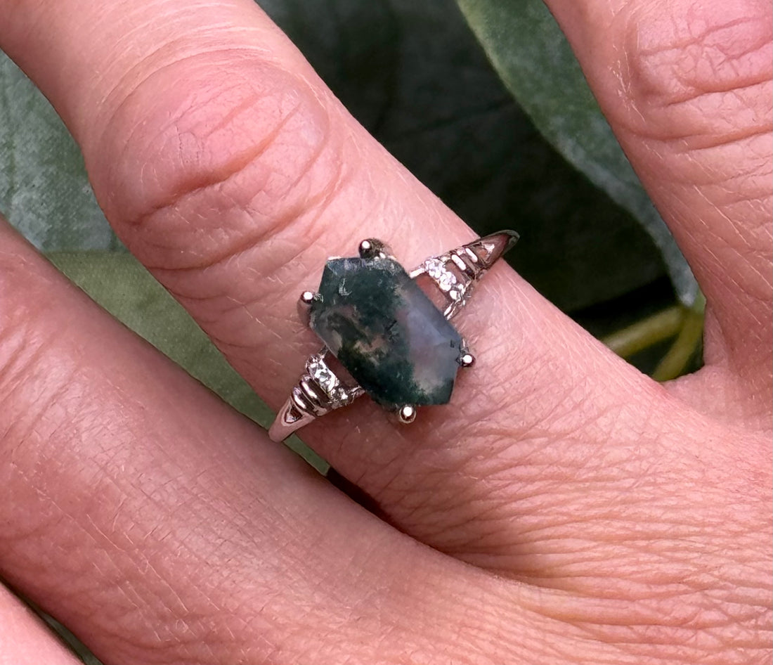 Moss Agate Hexagon Sterling Silver Ring