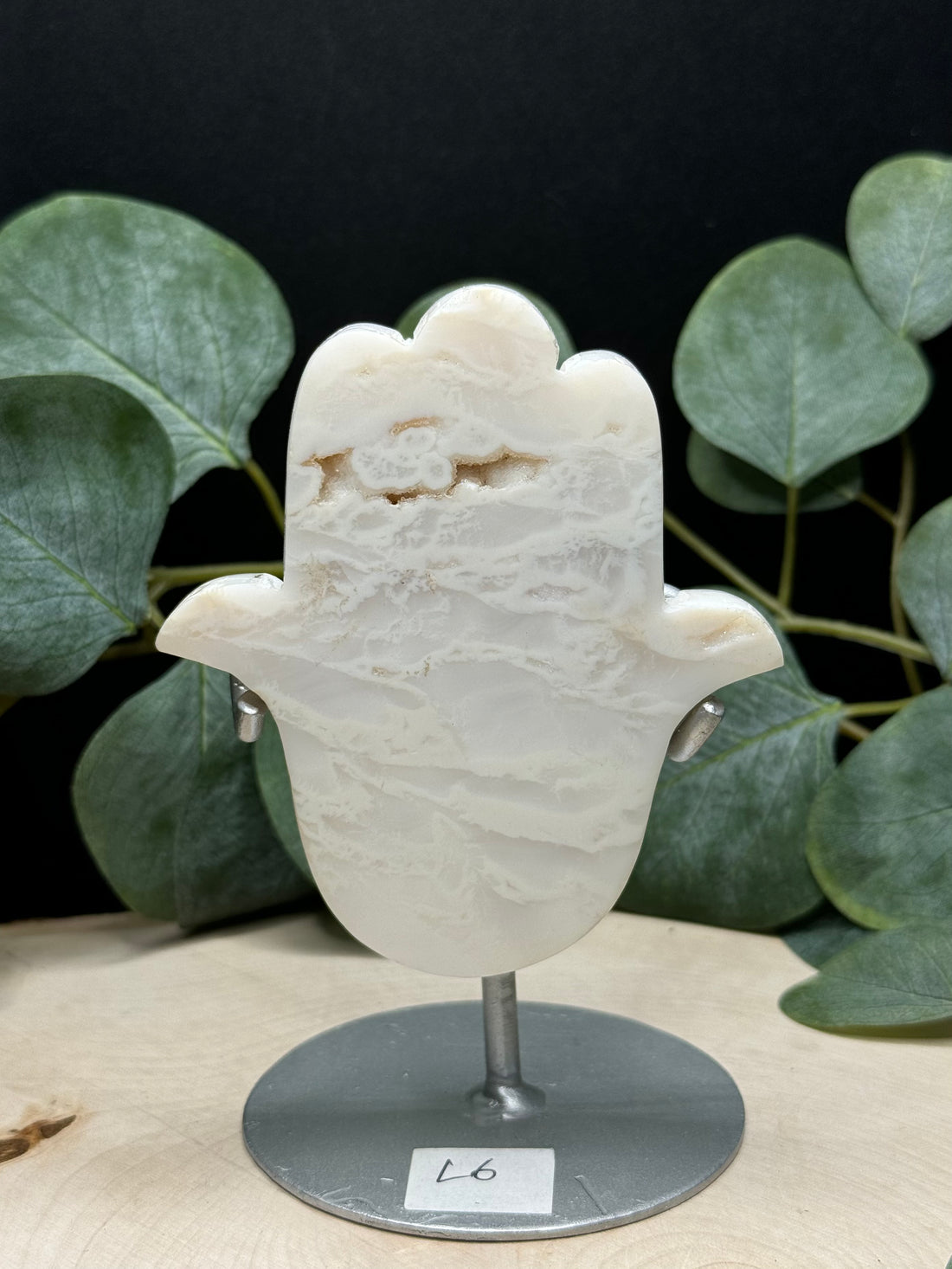 Handcarved White Plume Agate Hamsa Carving