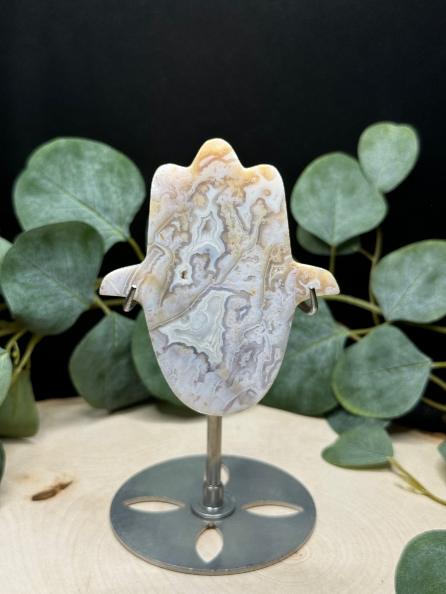 Handcarved Gold Plume Agate Hamsa Carving