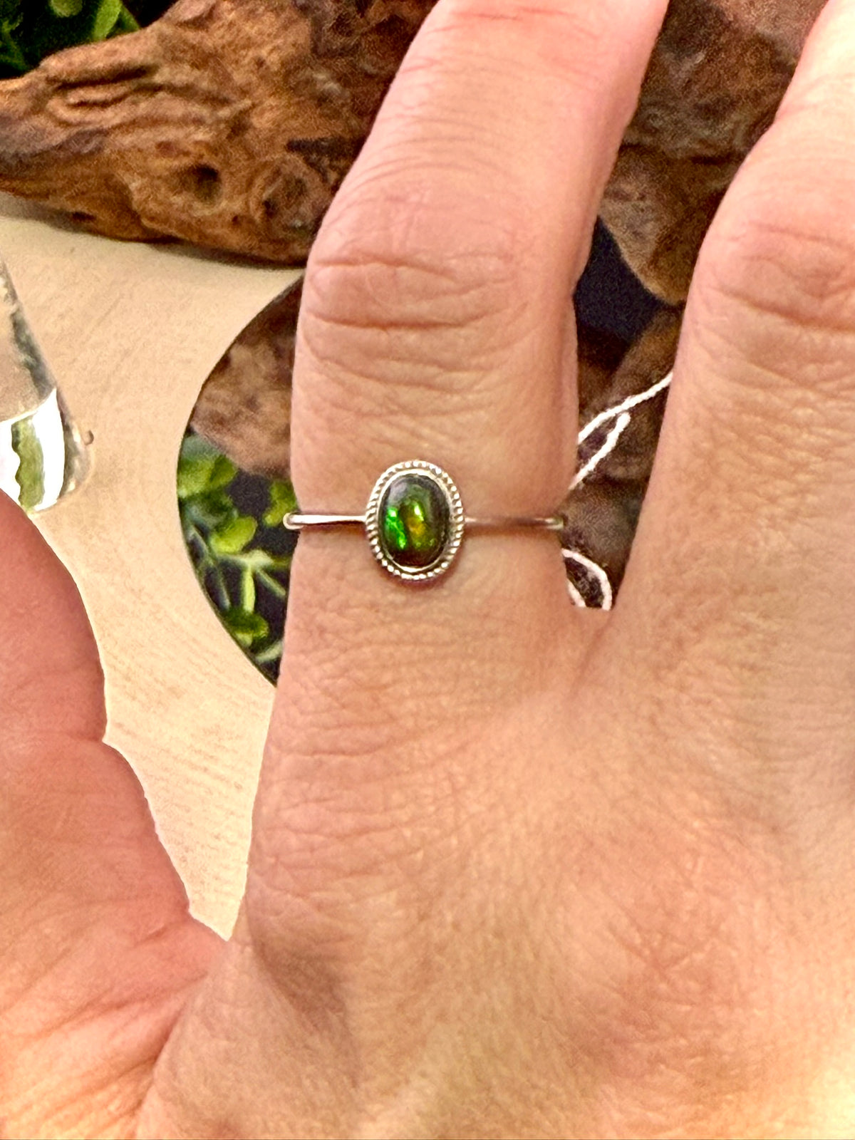Natural black opal adjustable ring in 925 sterling silver