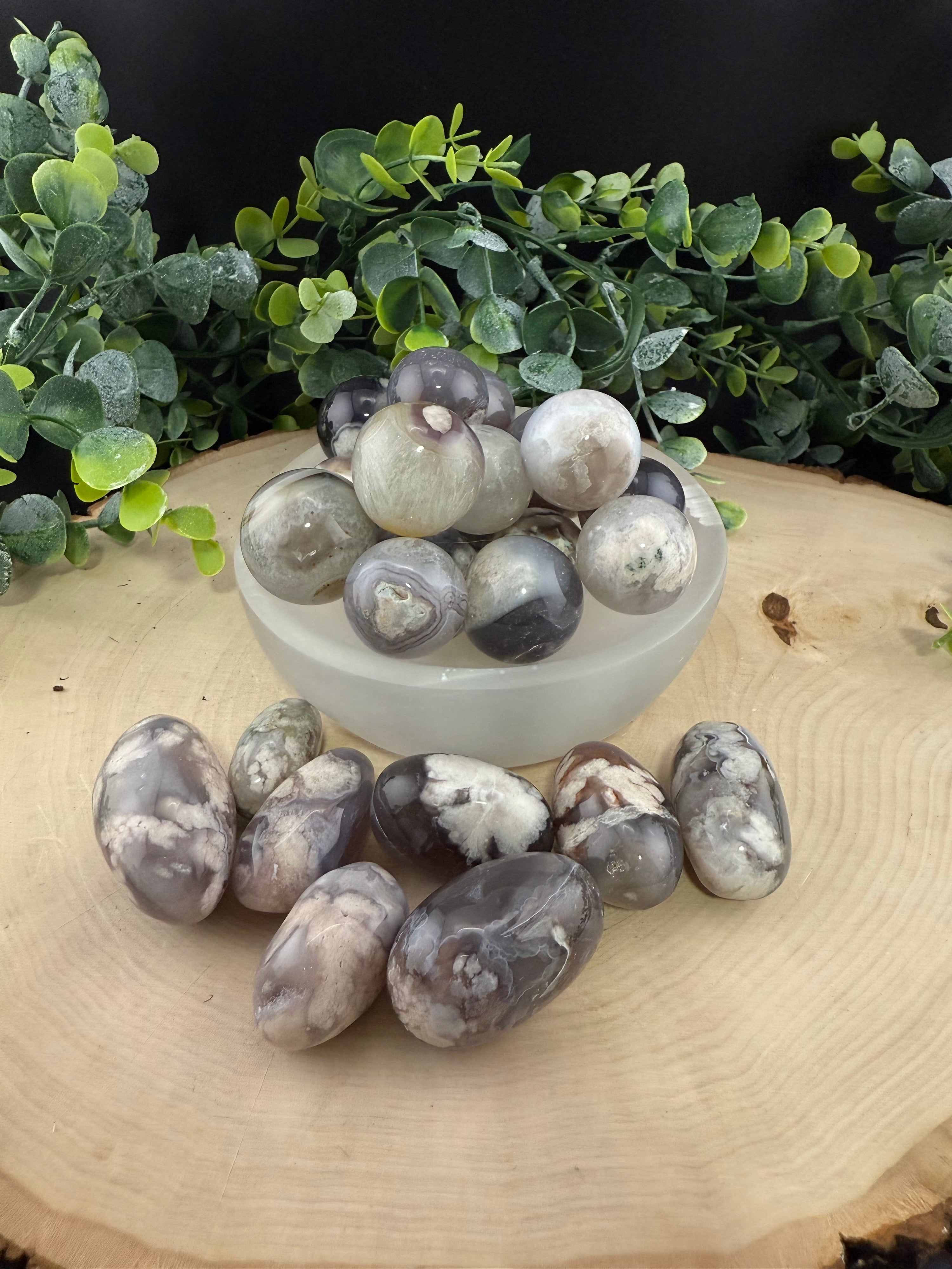 Black Flower Agate Mini Spheres  &amp; Tumbles