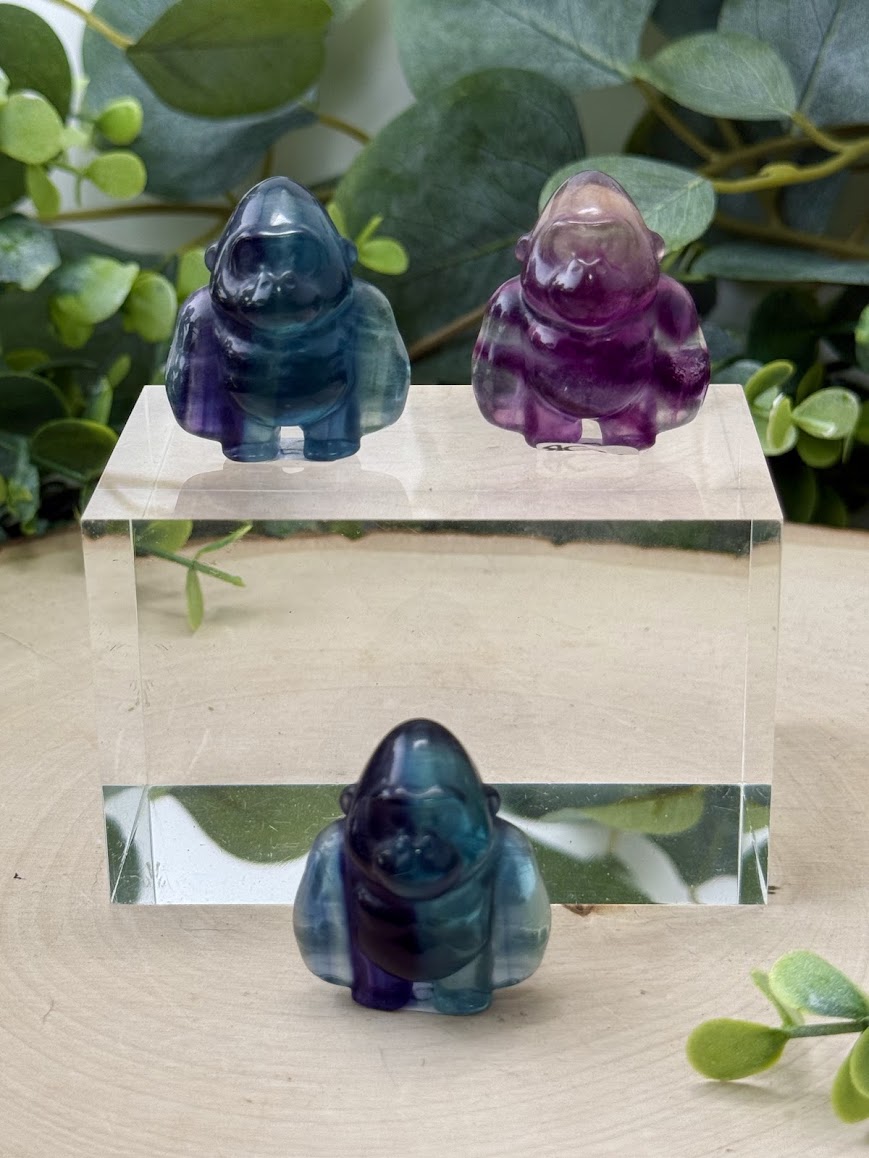Hand-Polished Rainbow Fluorite Gorilla Carvings