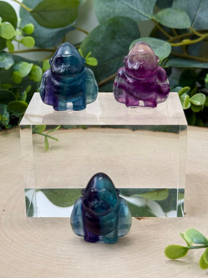 Hand-Polished Rainbow Fluorite Gorilla Carvings