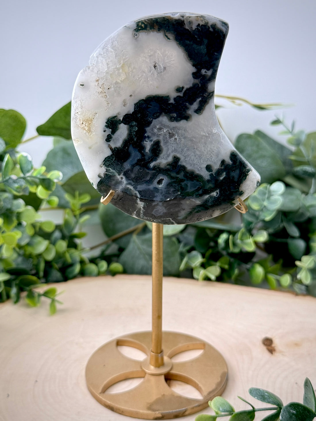 Moss Agate Moons | Natural Gemstone Crescent Moon Decor with Stand