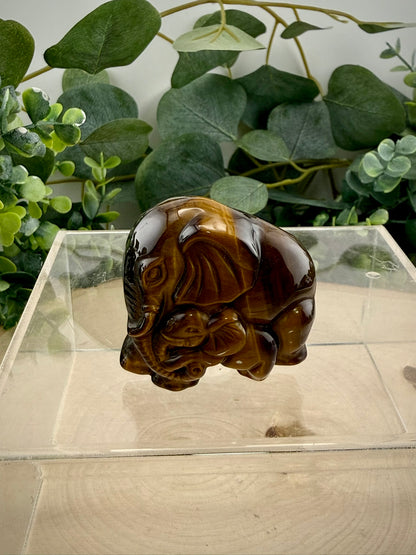 Tigers Eye Elephant &amp; Baby Carving | Natural Crystal Animal Carving