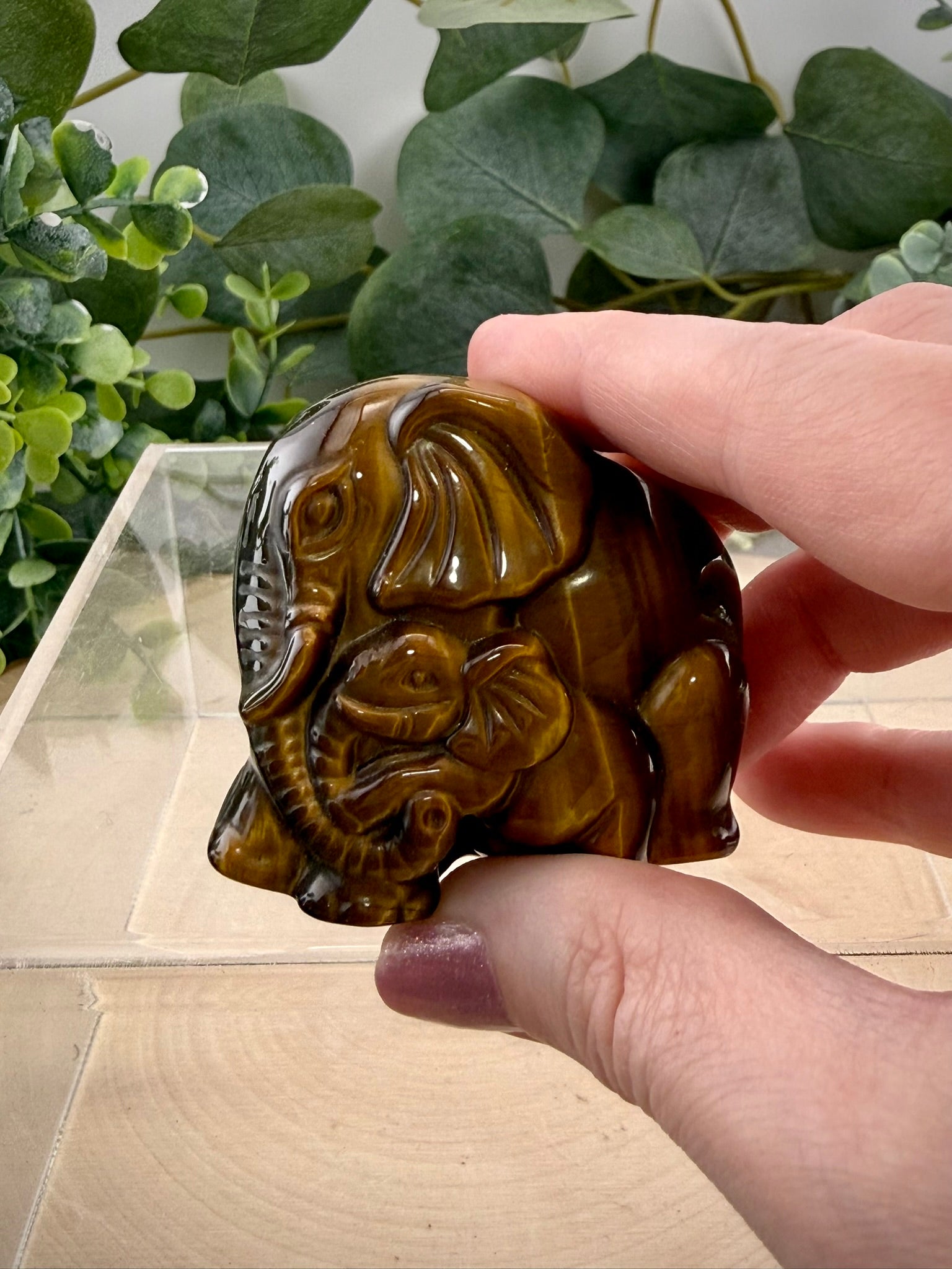 Tigers Eye Elephant &amp; Baby Carving | Natural Crystal Animal Carving
