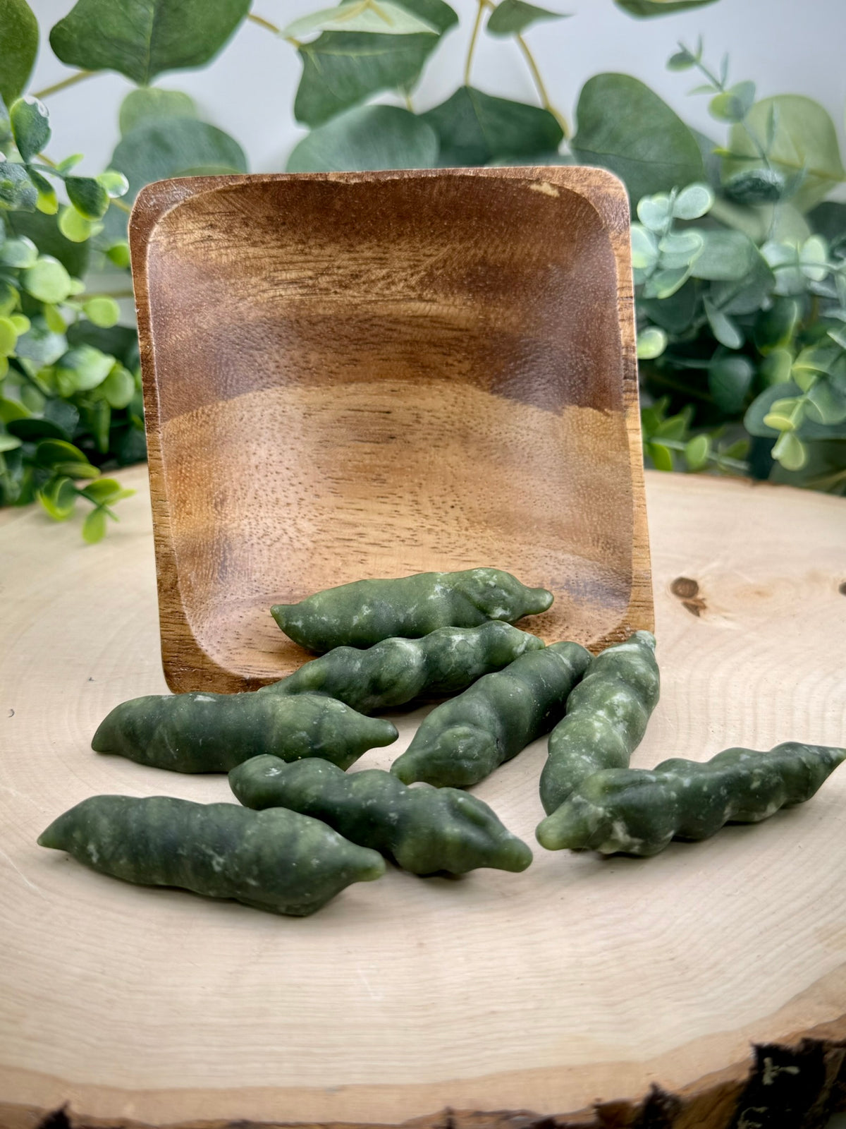Jade Edamame Carving | Natural Green Jade Food Figurine - Still Water Crystals