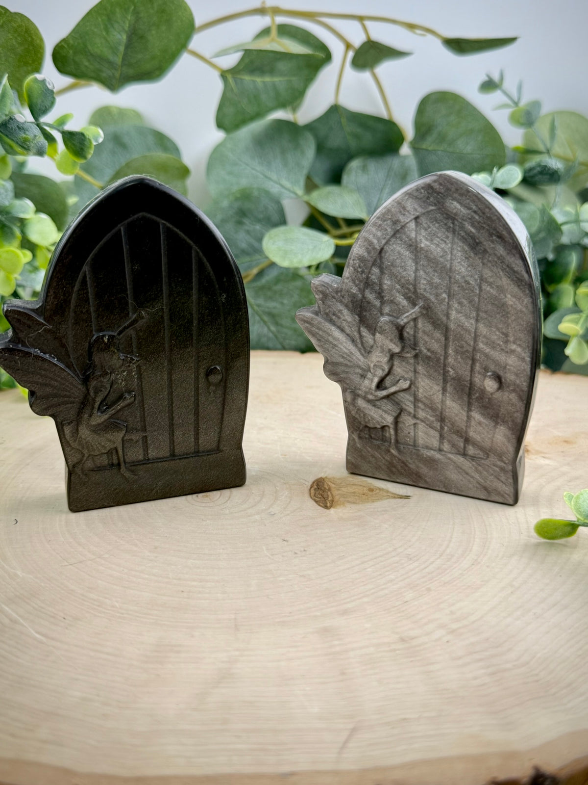 Obsidian Fairy Door Carving | Gold Sheen &amp; Silver Sheen Stone Decor - Still Water Crystals