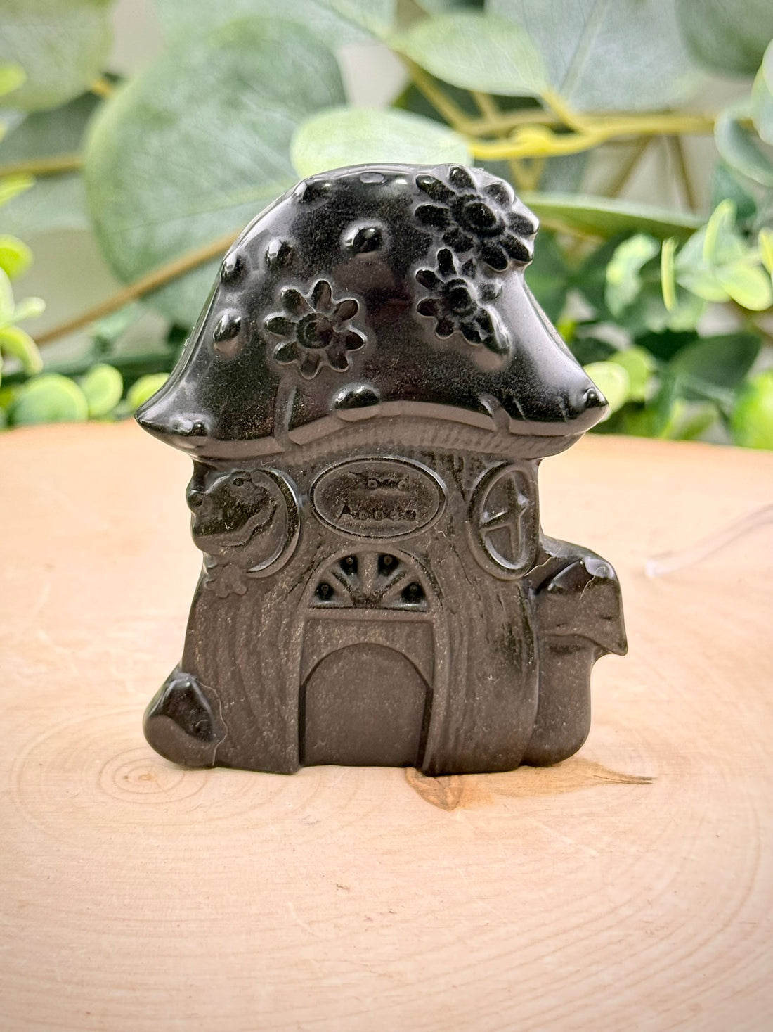 Gold Sheen Obsidian Mushroom House Carving | Natural Stone Fantasy Decor