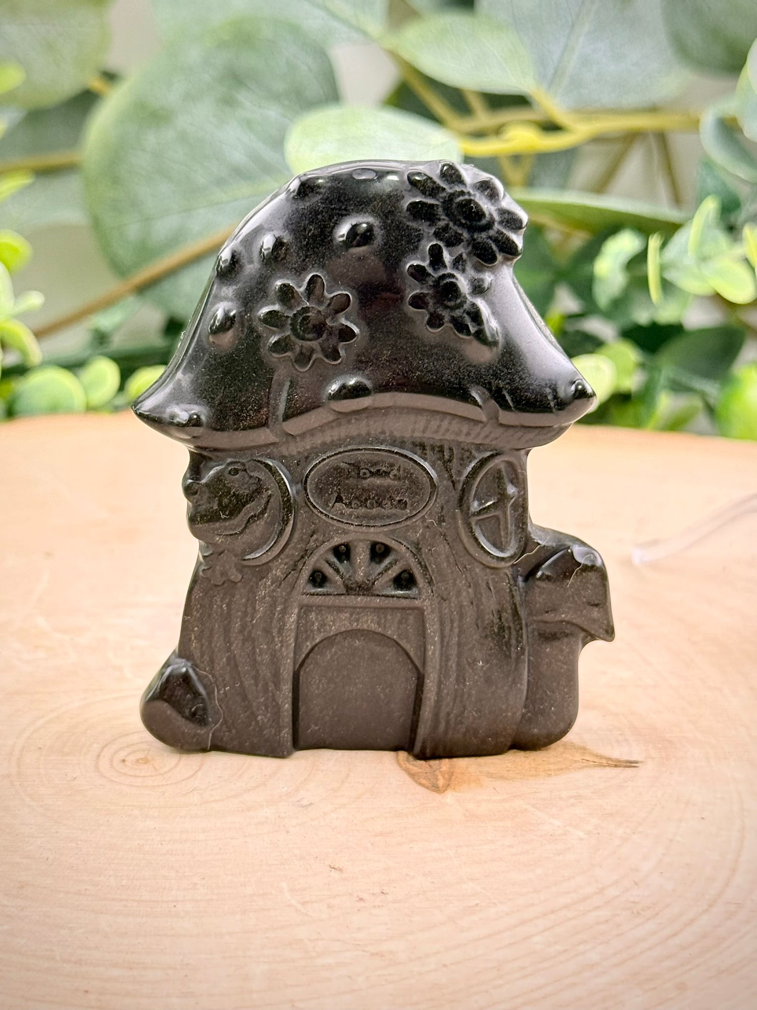 Gold Sheen Obsidian Mushroom House Carving | Natural Stone Fantasy Decor
