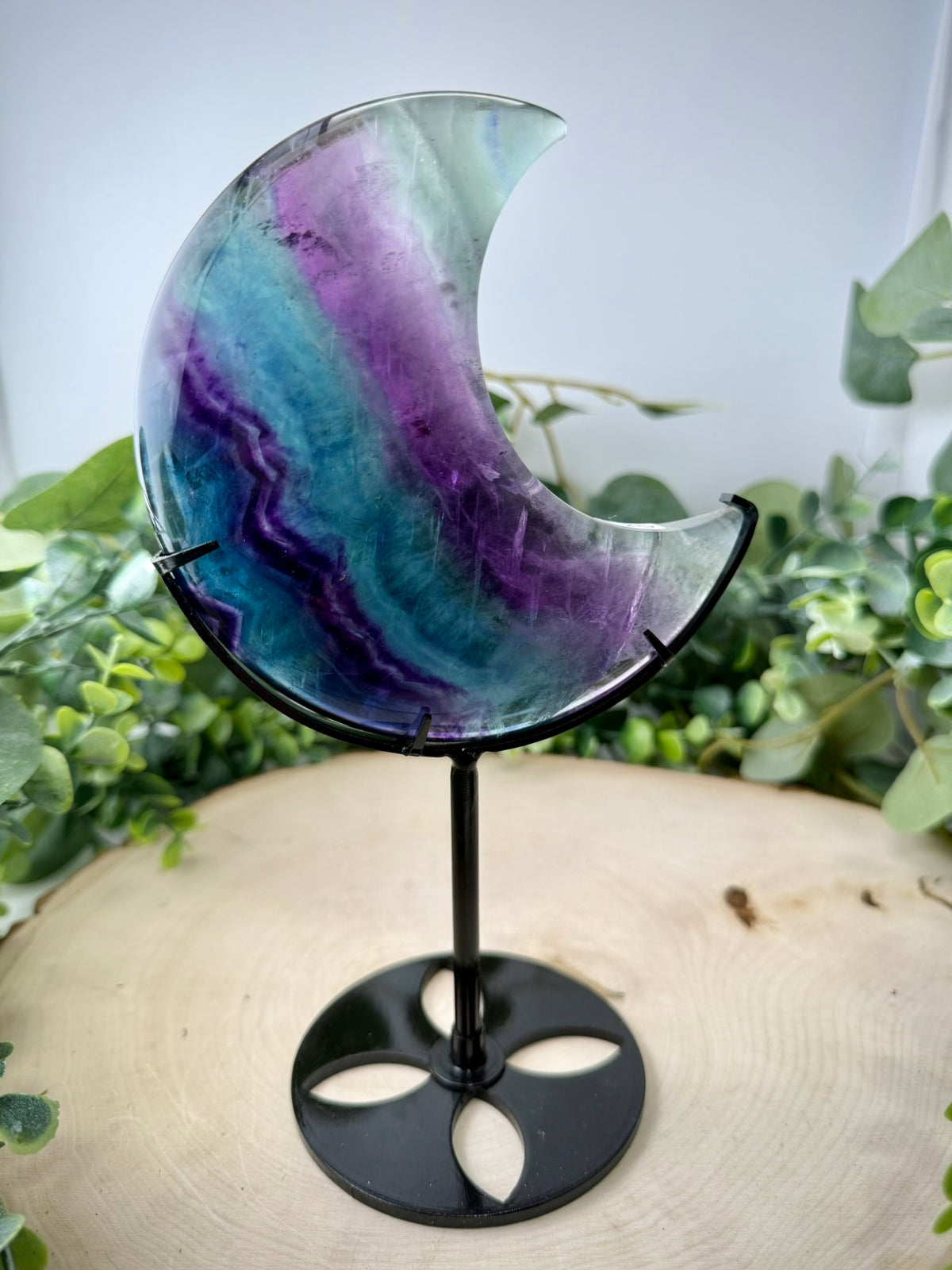 Fluorite Moon Carving | Crescent Moon on Custom Display Stand - Still Water Crystals