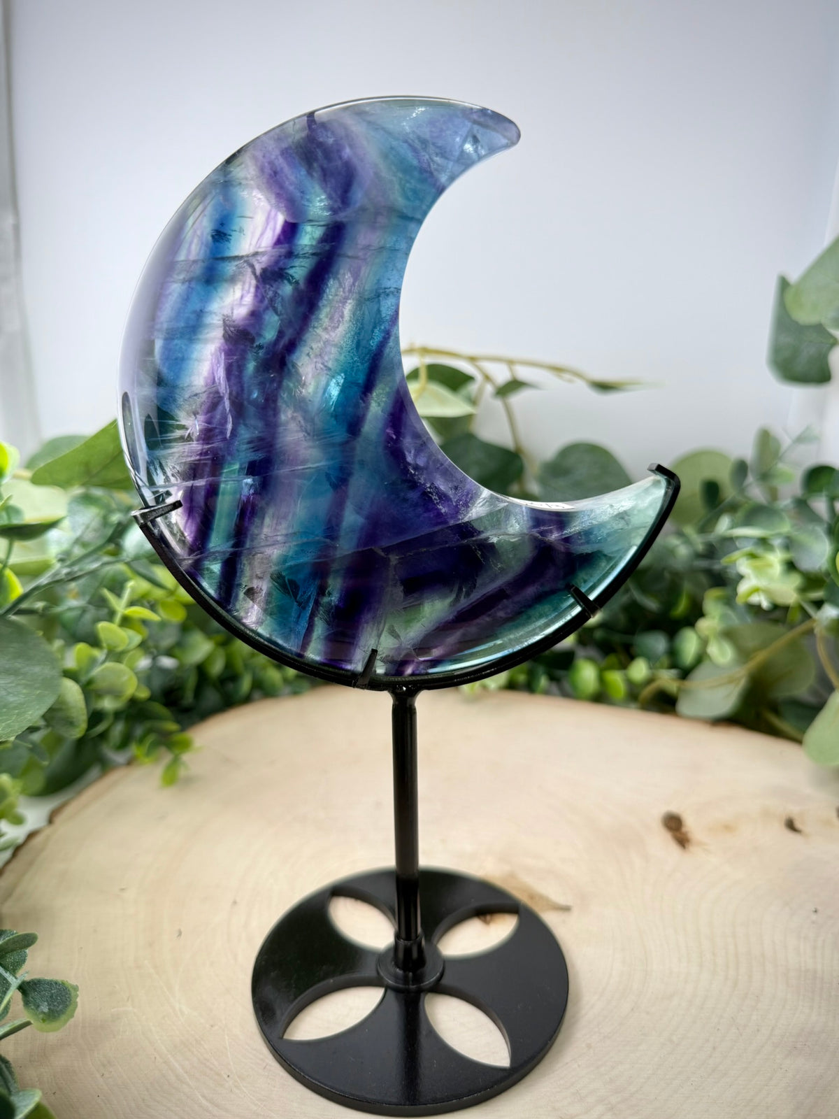 Fluorite Moon Carving | Crescent Moon on Custom Display Stand - Still Water Crystals