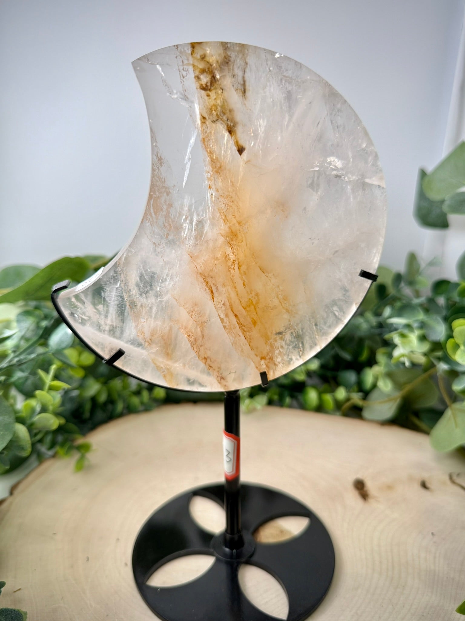 Fire Quartz &amp; Golden Healer Moon Carving | Large Crystal Crescent on Custom Stand